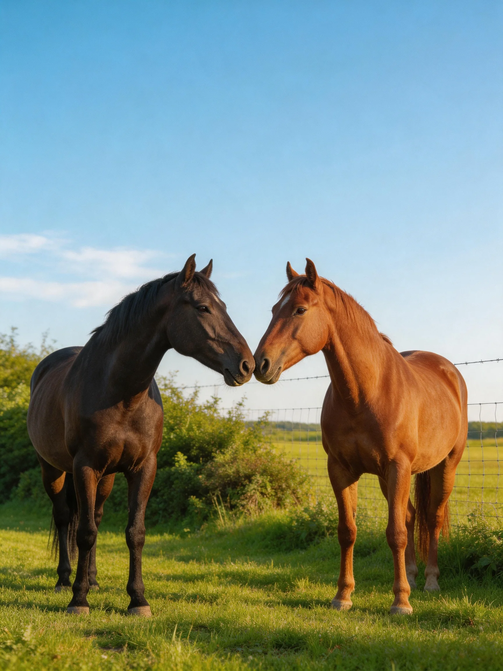 Two horses, one black, one chestnut, nuzzling in a sunlit pasture
