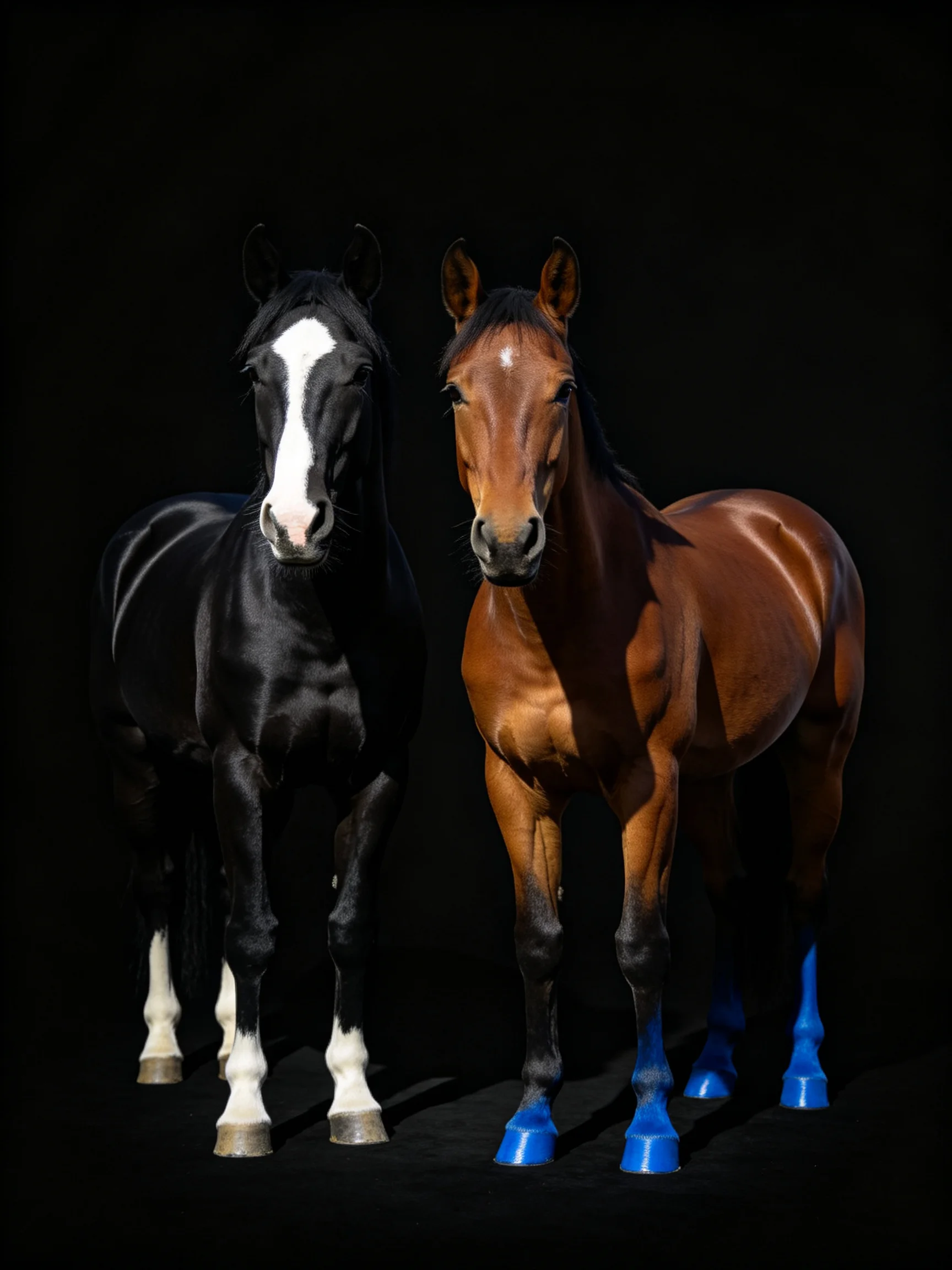 Two horses, one black with white markings, one brown with blue leg wraps, against a dark backdrop.