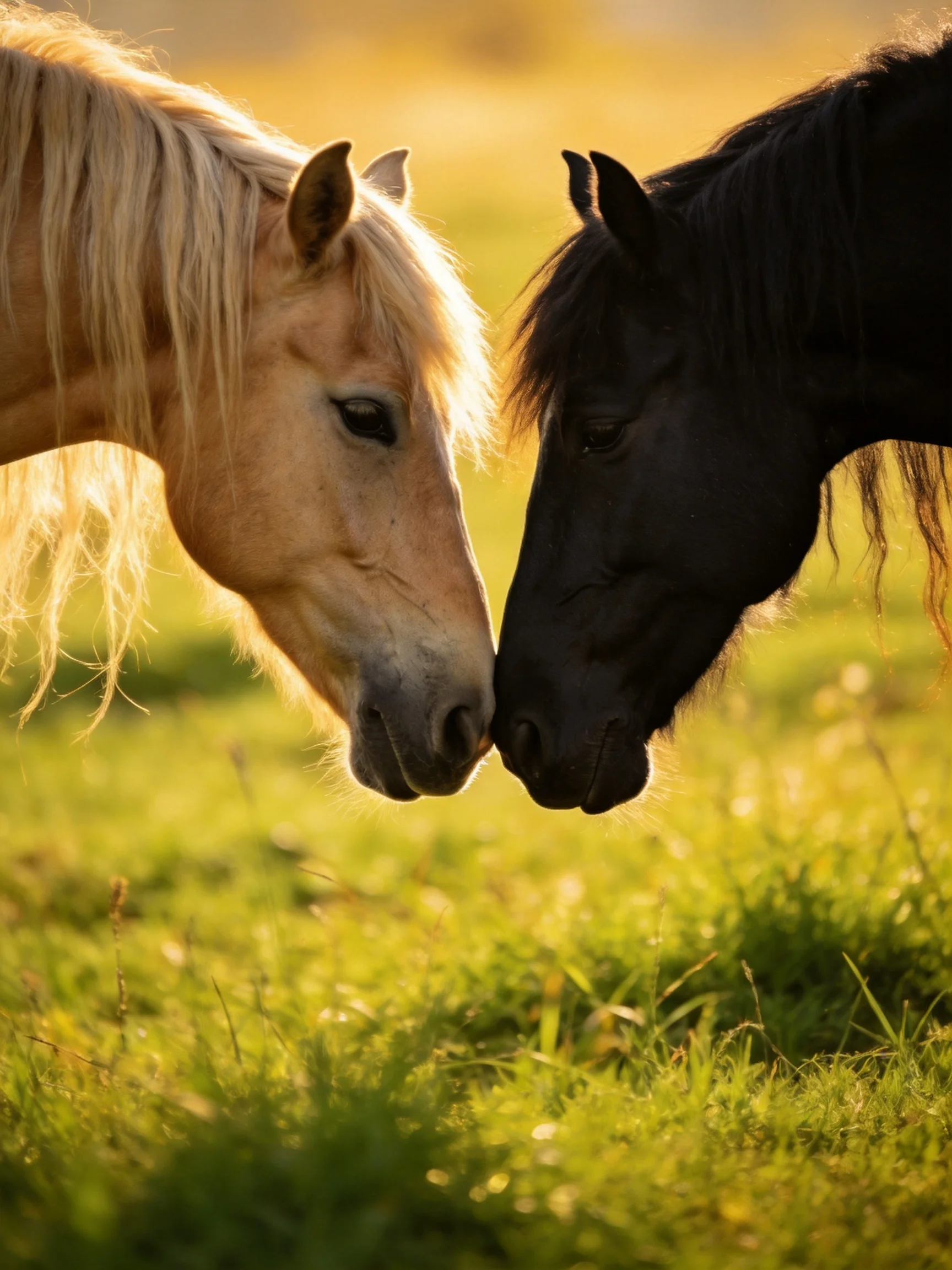 Two horses, one blonde and one black, nuzzle in a sunlit meadow