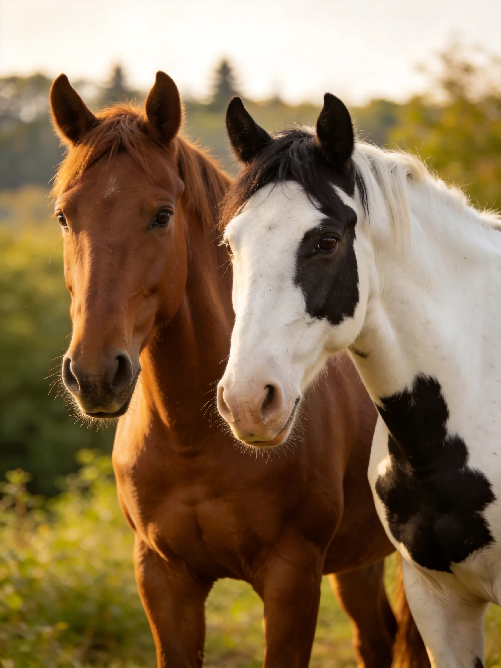 Two horses stand close together in a sunlit outdoor setting.