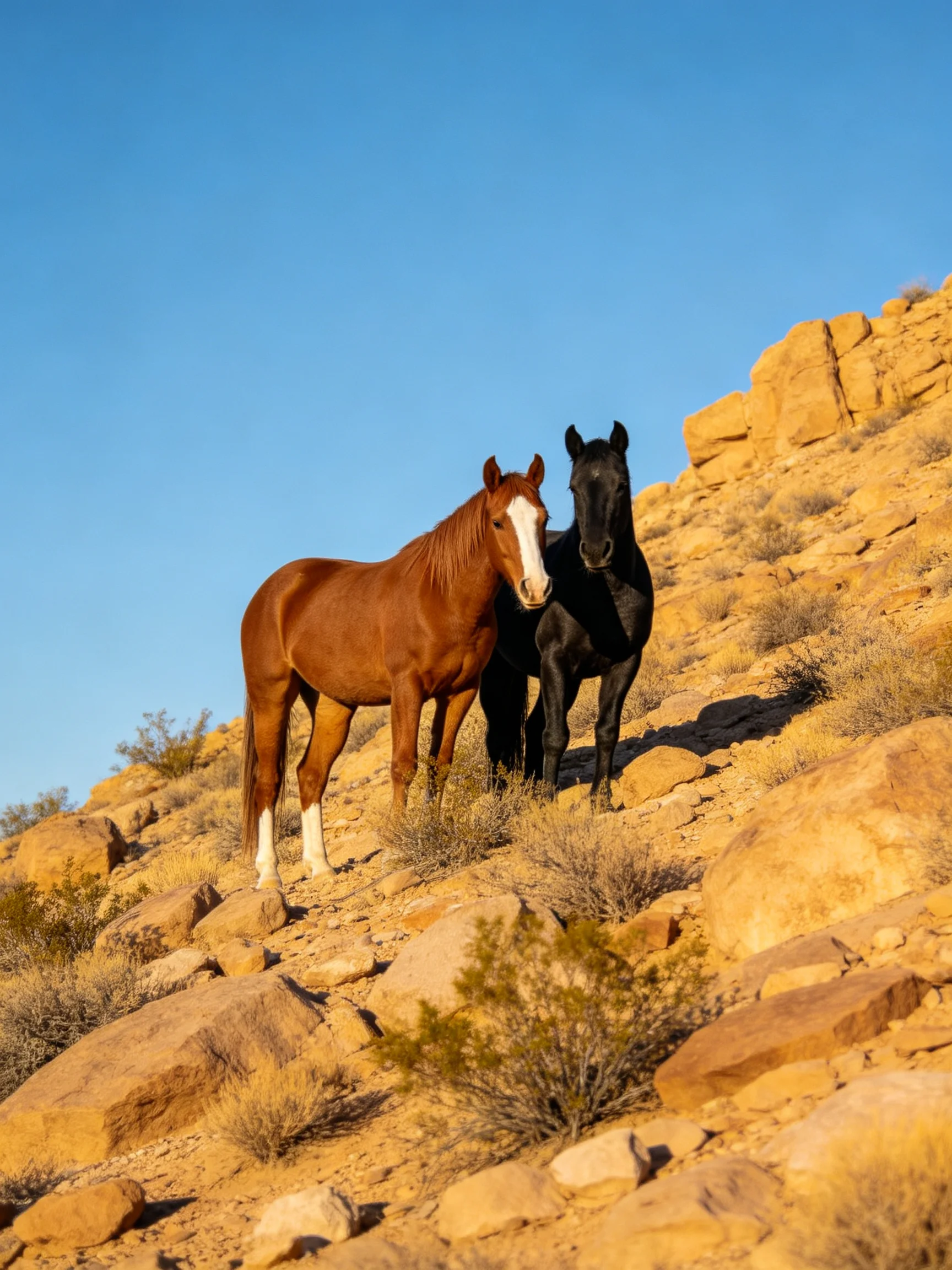 Two horses, one brown and one black, on a rocky desert hillside