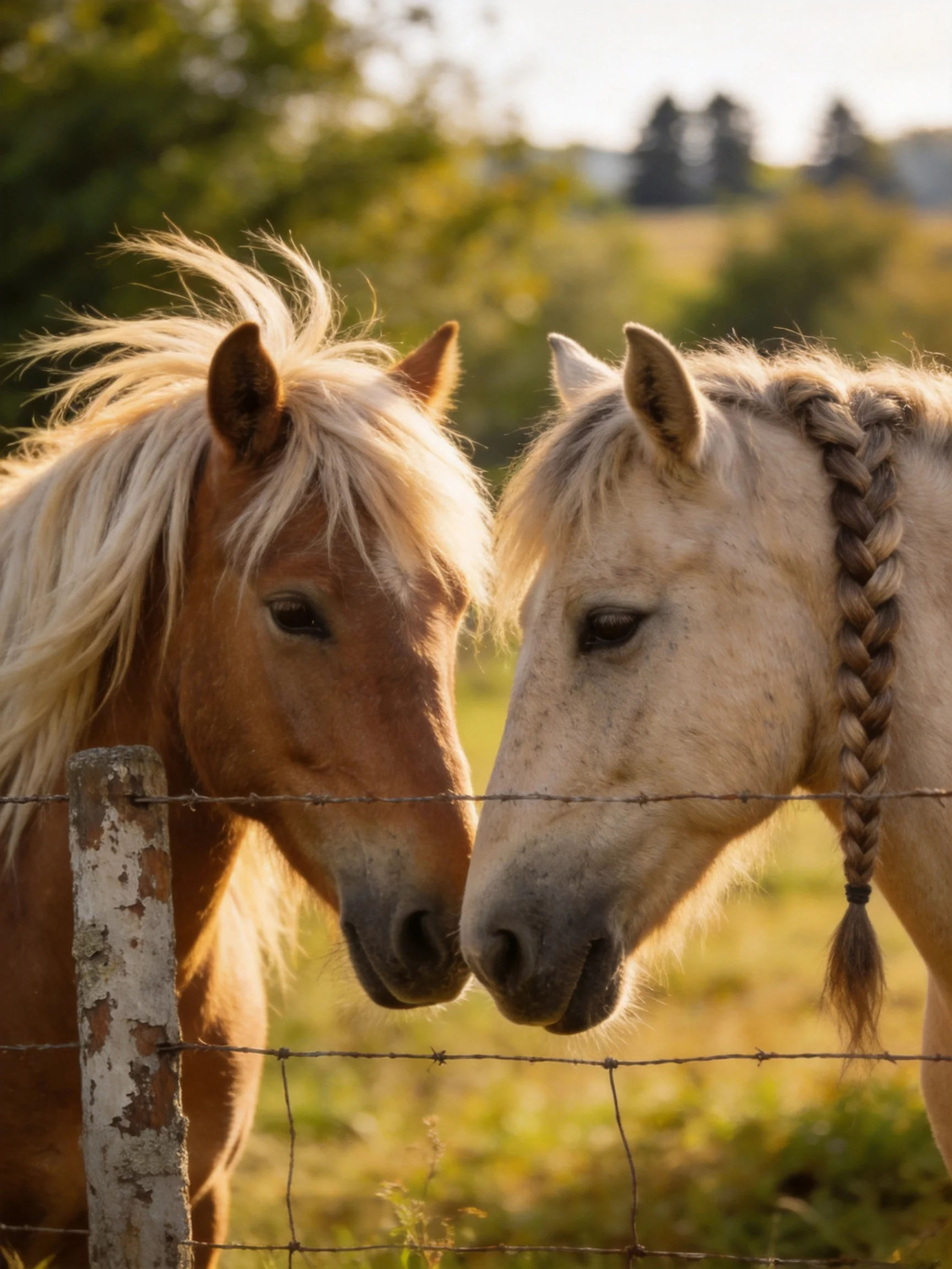Two horses, one brown and one cream, nuzzle by a barbed wire fence