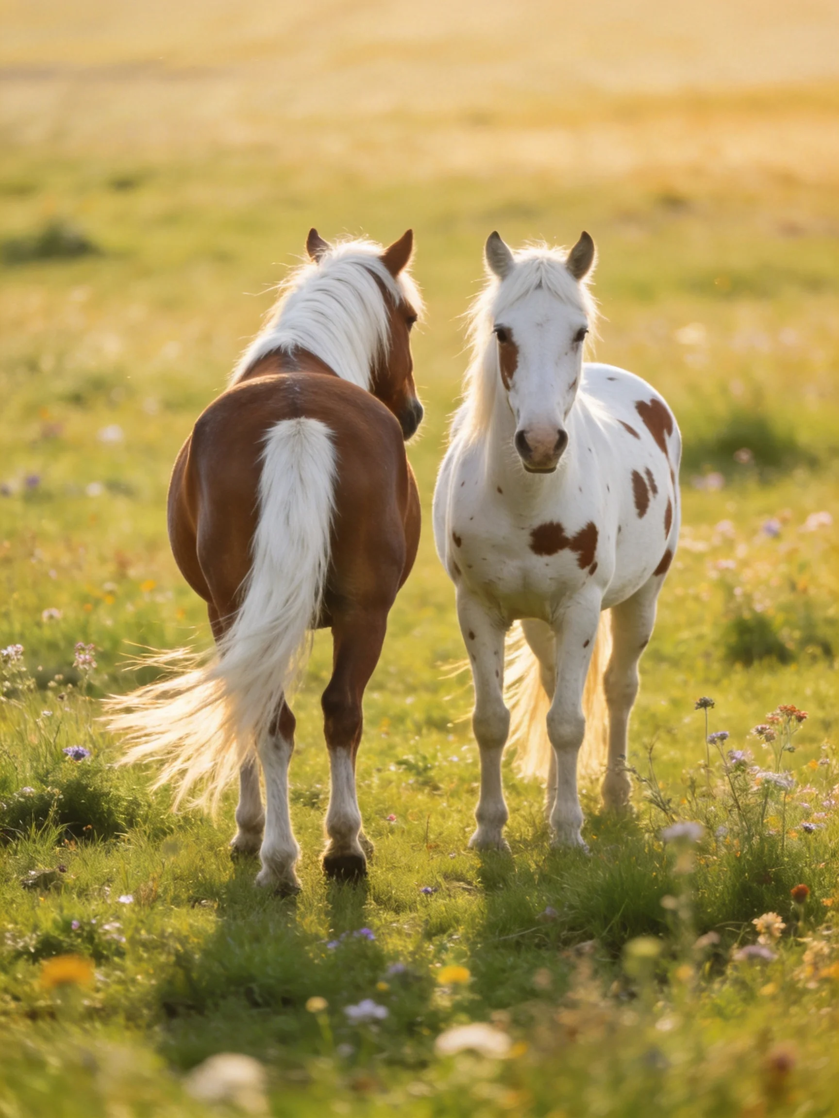 Two horses, one brown and one spotted white, graze in a sunlit meadow