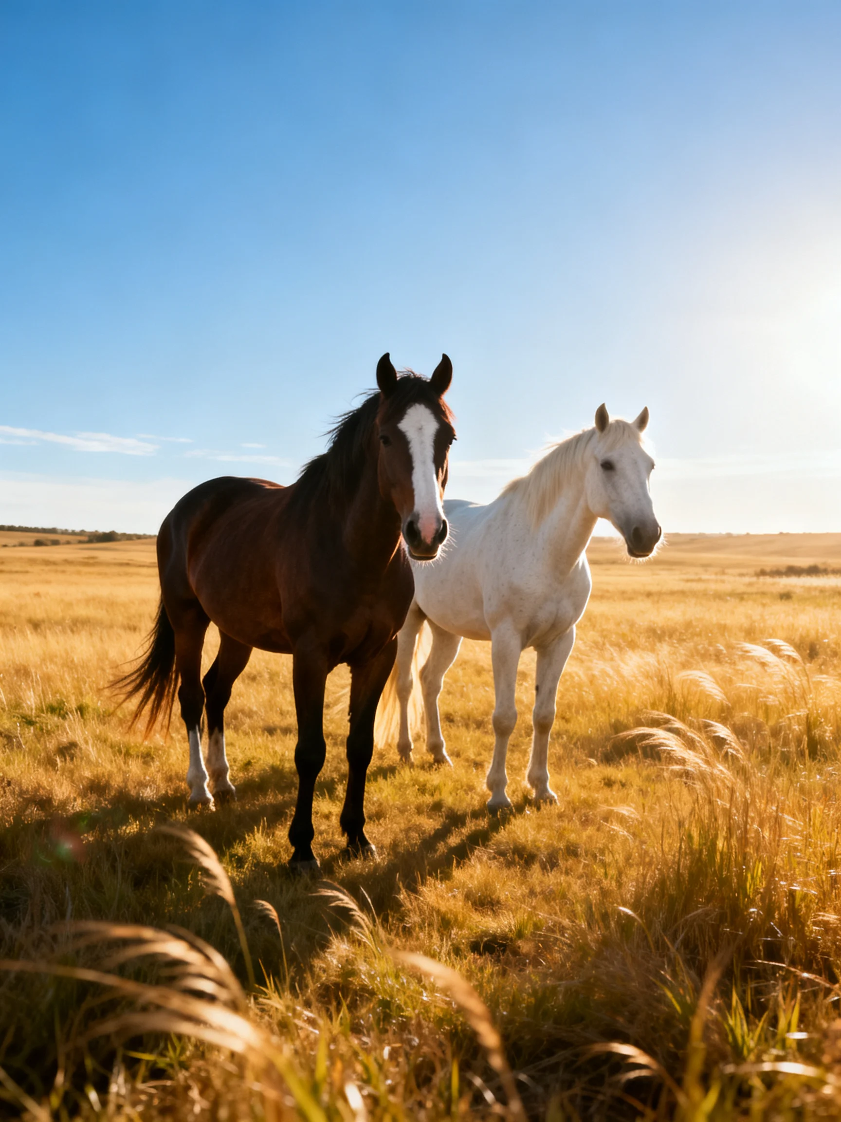 Two horses, one brown and one white, in a sunlit golden meadow