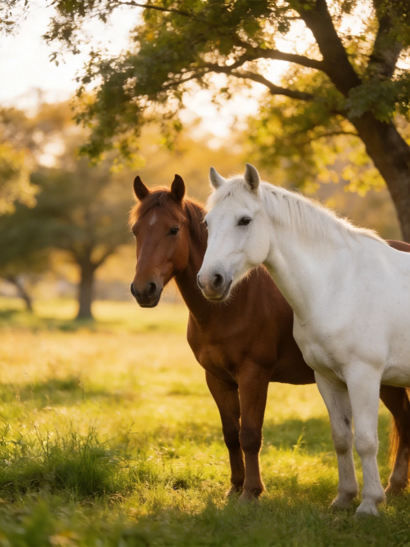 Two horses of contrasting colors stand together in a sunlit meadow.