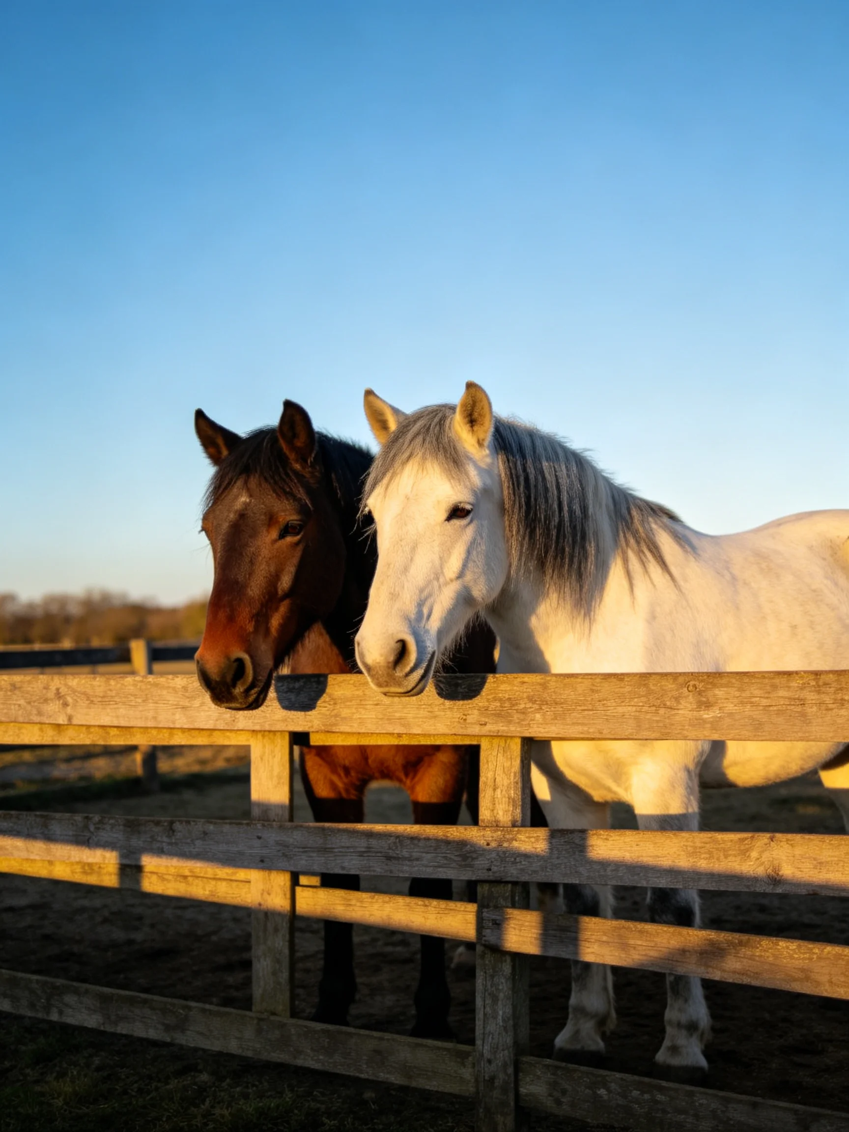 Two horses, one brown and one white, near a wooden fence under clear blue sky