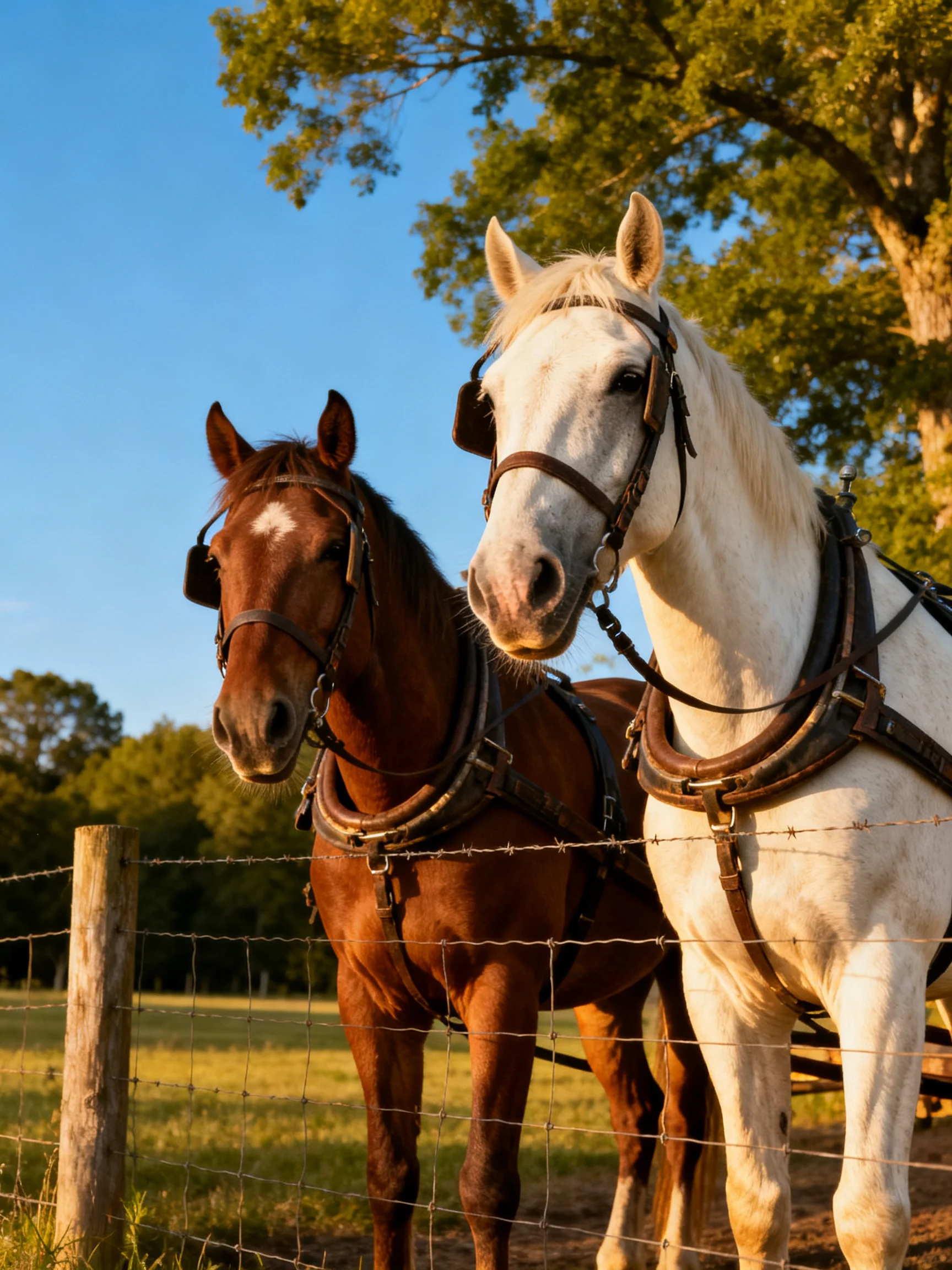 Two horses, one brown and one white, stand by a barbed wire fence under trees