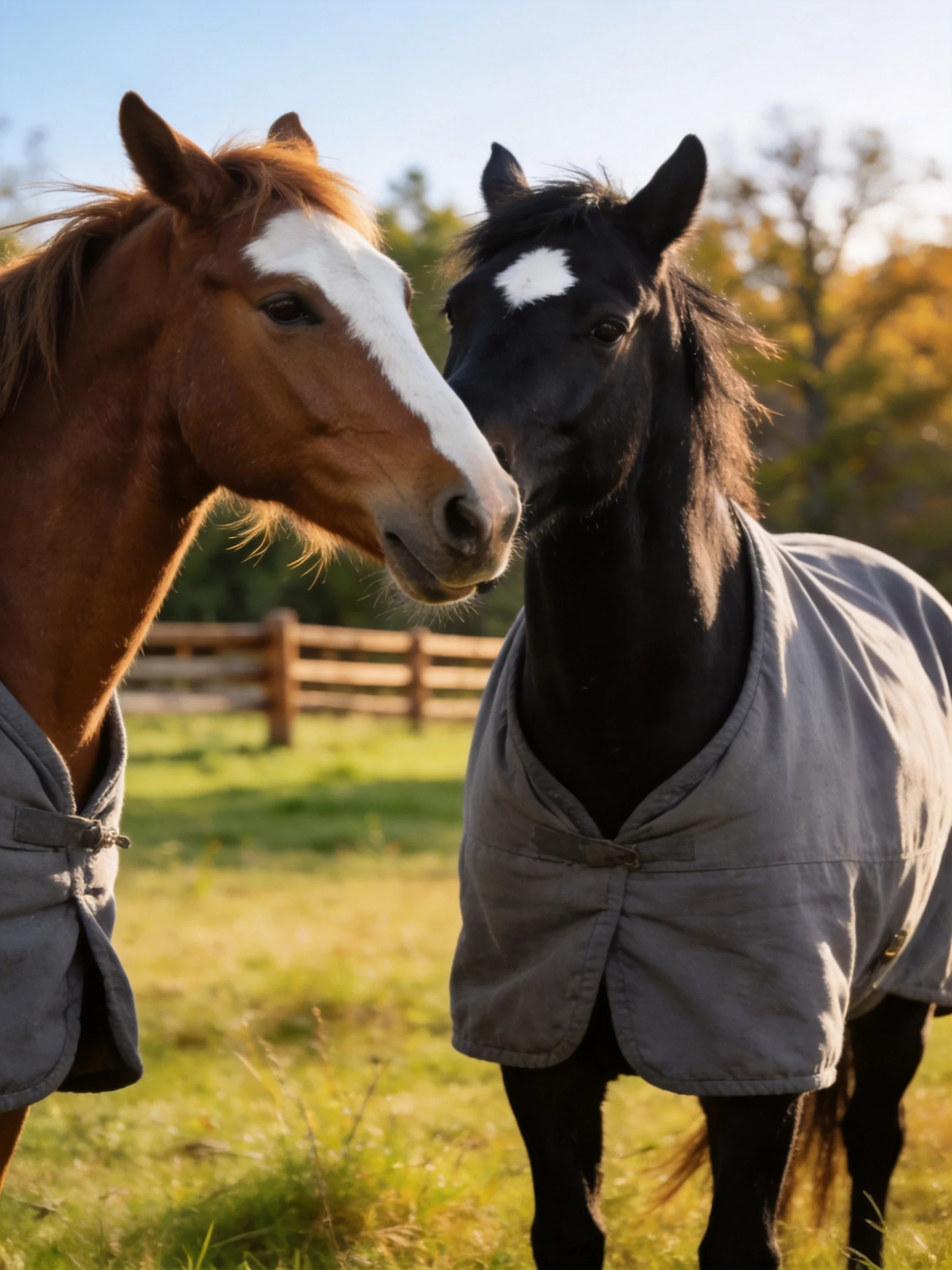 Two horses, one brown and white, one black, wear gray blankets in a sunny pasture