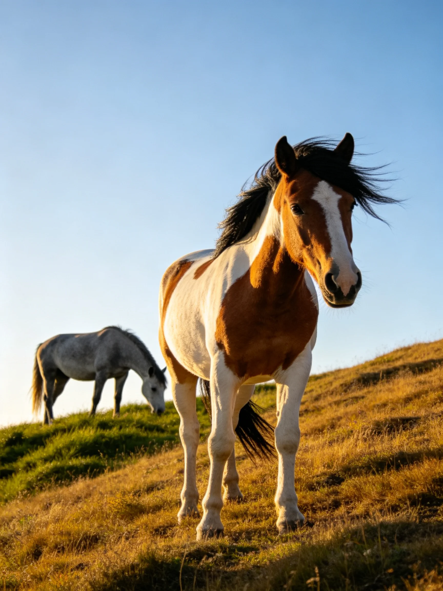 Two horses, one brown-and-white, one gray, graze on a golden hillside under clear blue sky
