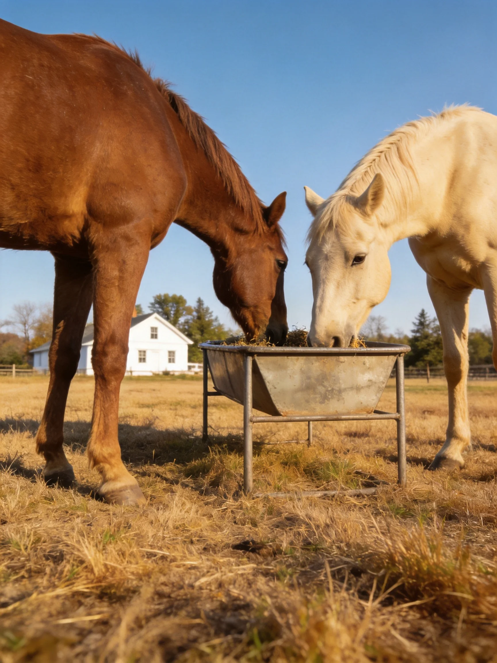 Two horses—one brown, one cream—eating from a metal trough in an open field