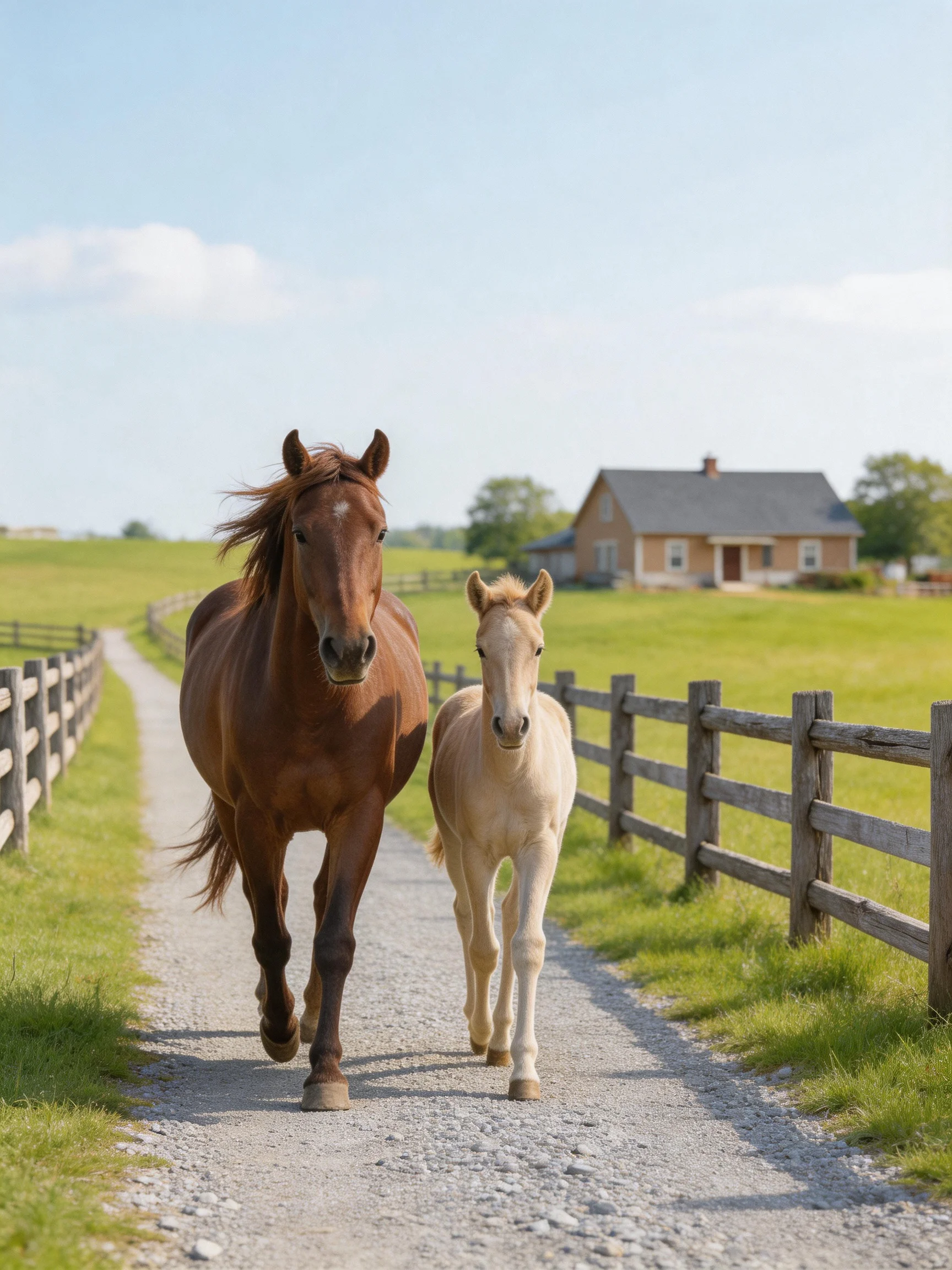 Two horses—one brown, one palomino—trot along a gravel path near a farm.