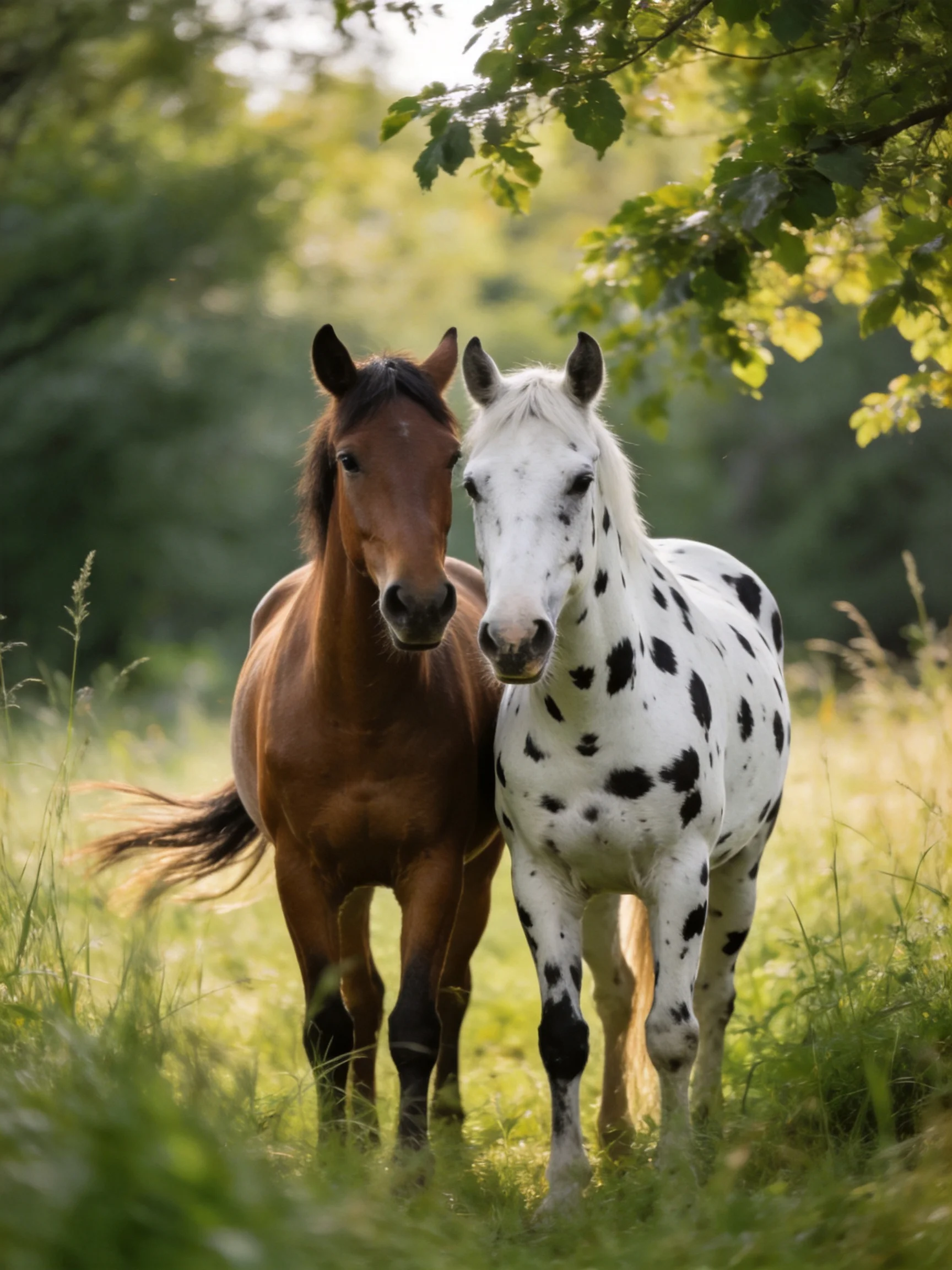 Two horses, one brown, one white with black spots, in a sunlit meadow