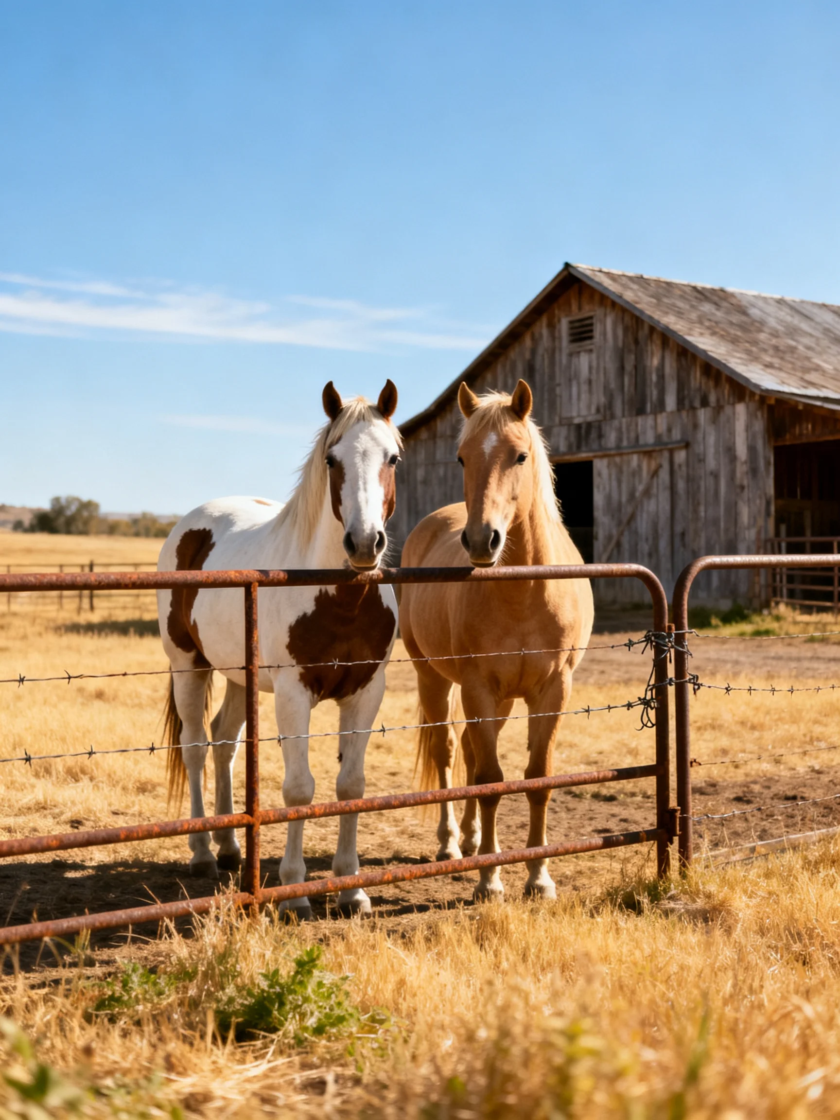 Two horses, one brown-spotted, one tan, near a weathered barn and rusted fence