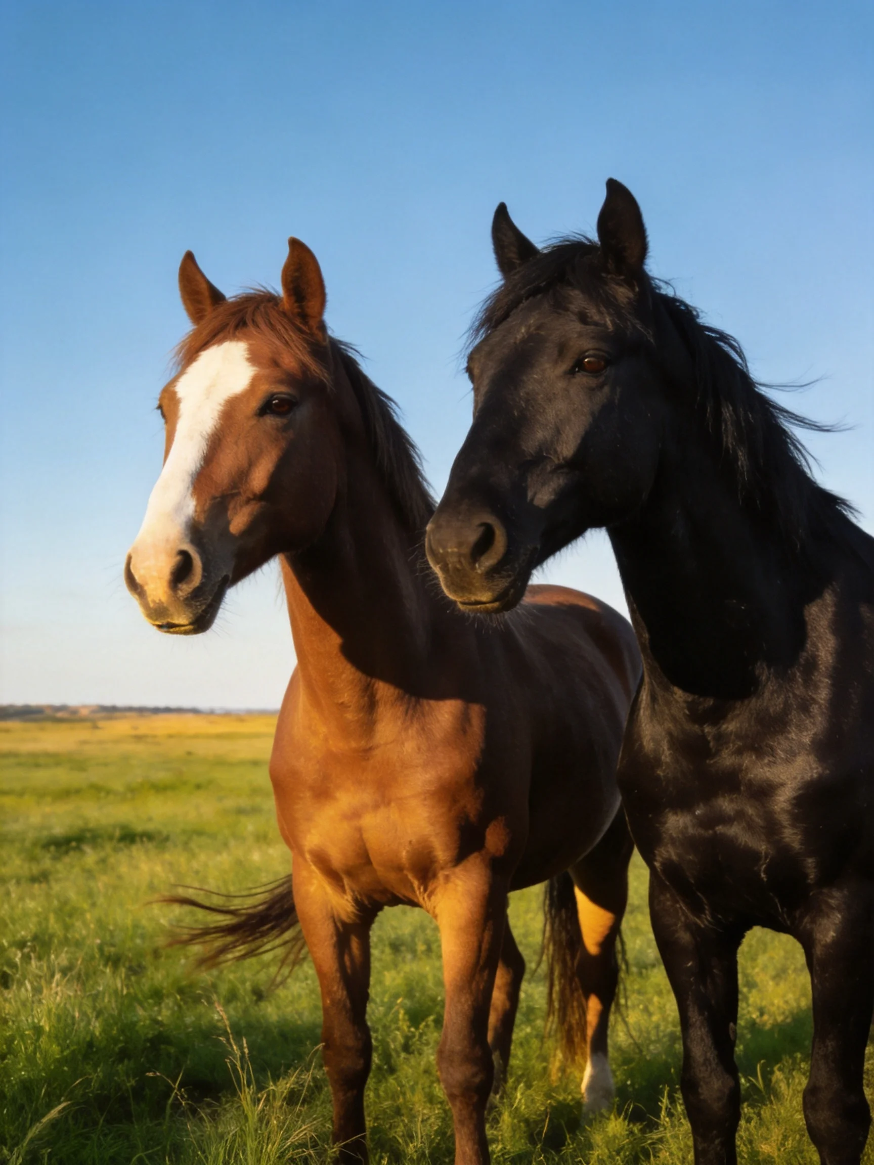 Two horses, one brown and one black, stand together in a sunny green field.