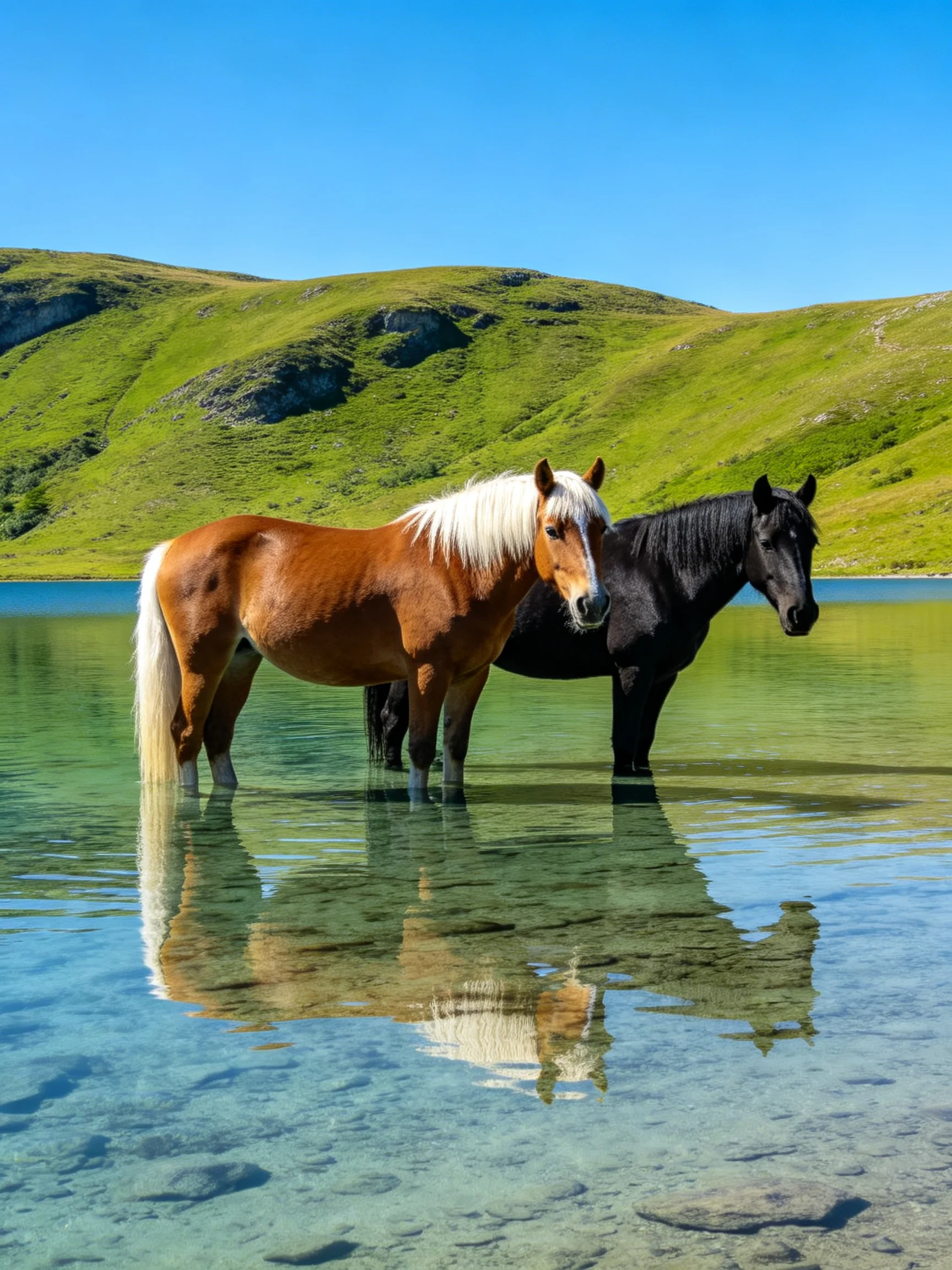 Two horses, one brown with white mane, one black, stand in clear water near green hills