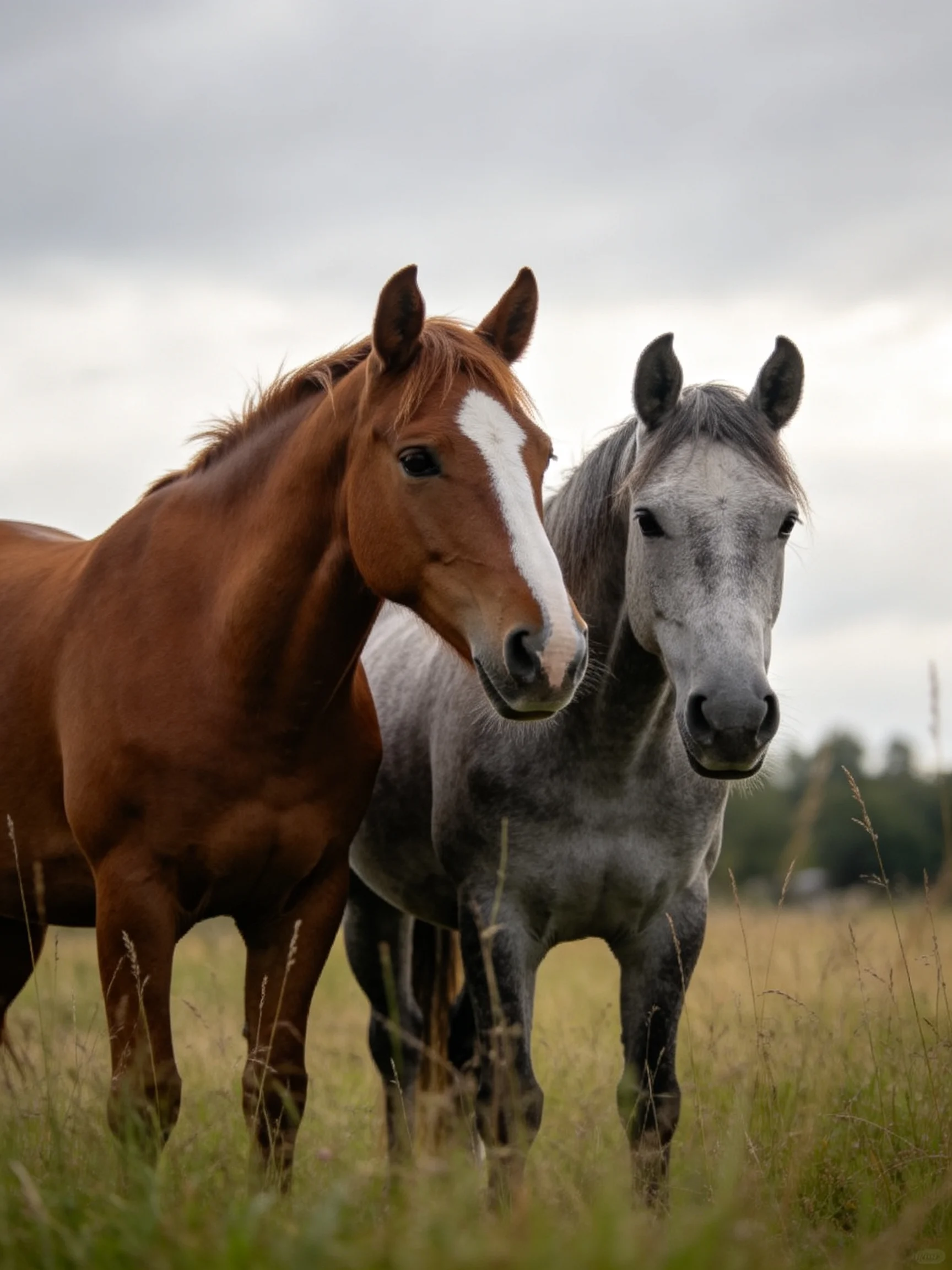 Two horses, one chestnut with white blaze, one gray, in a grassy meadow