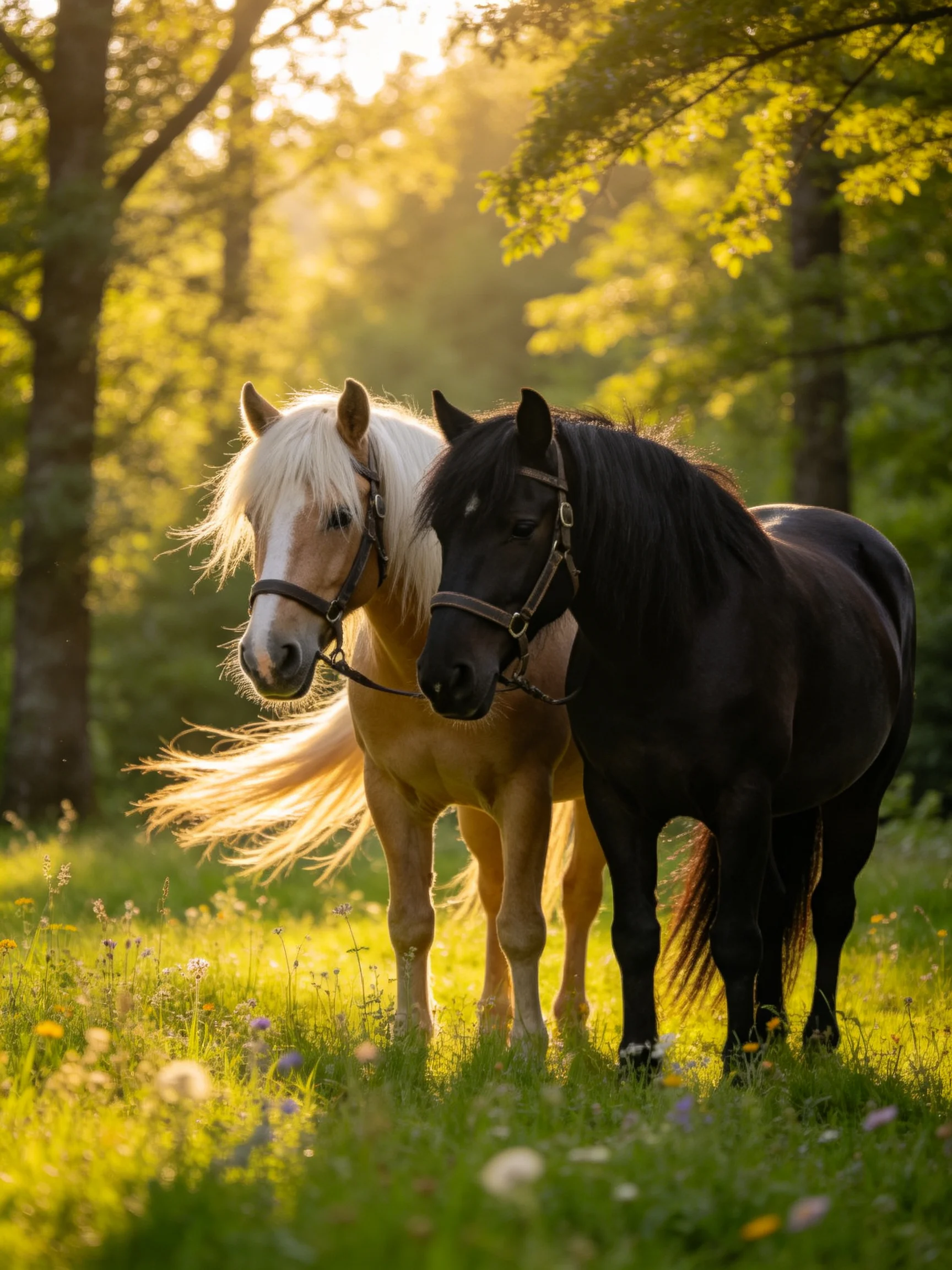 Two horses, one cream - colored, one black, in a sunlit forest meadow