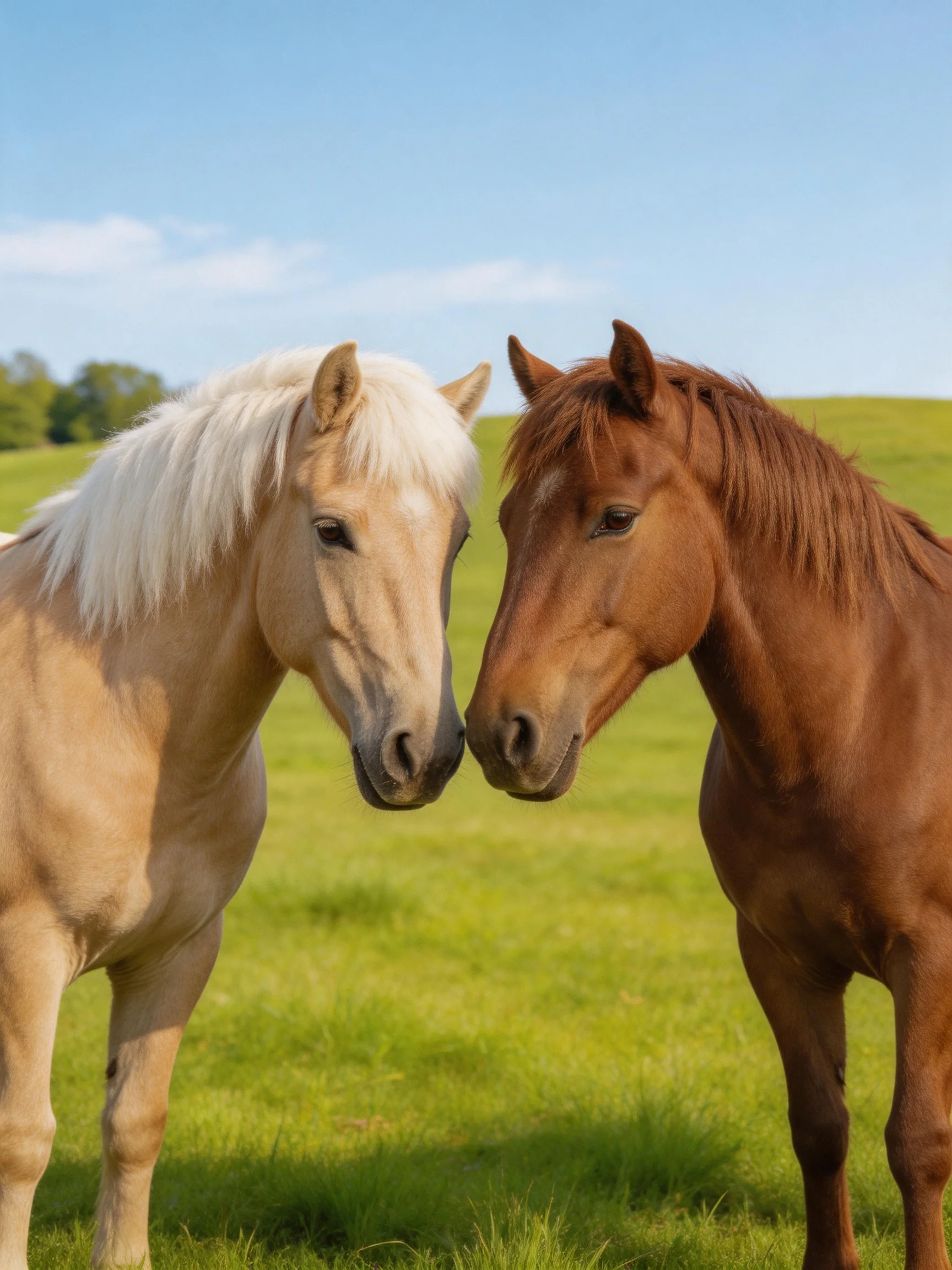 Two horses, one cream and one chestnut, nuzzle in a sunlit green field