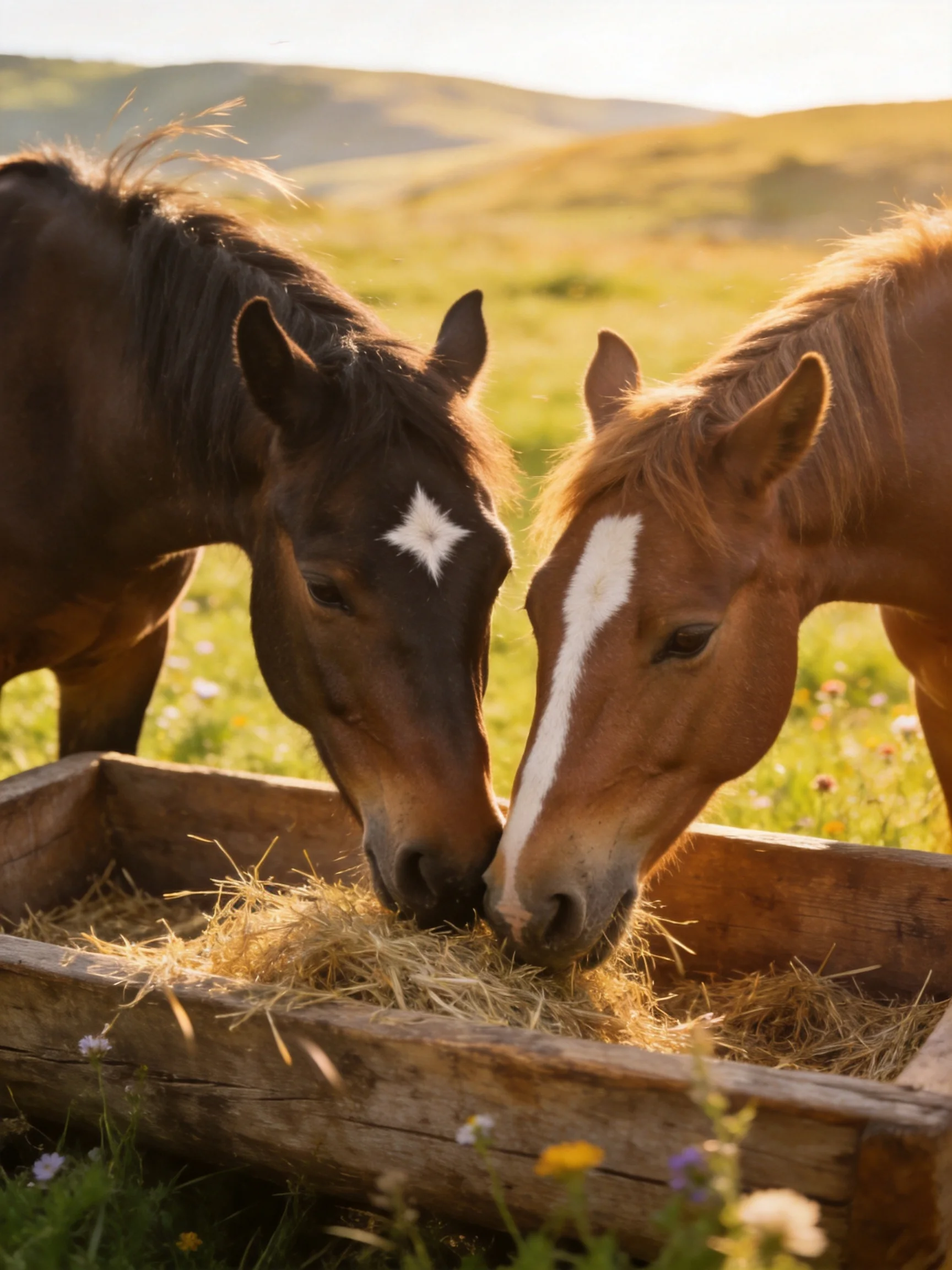 Two horses—one dark brown, one light brown—eat hay from a wooden trough in a sunlit field