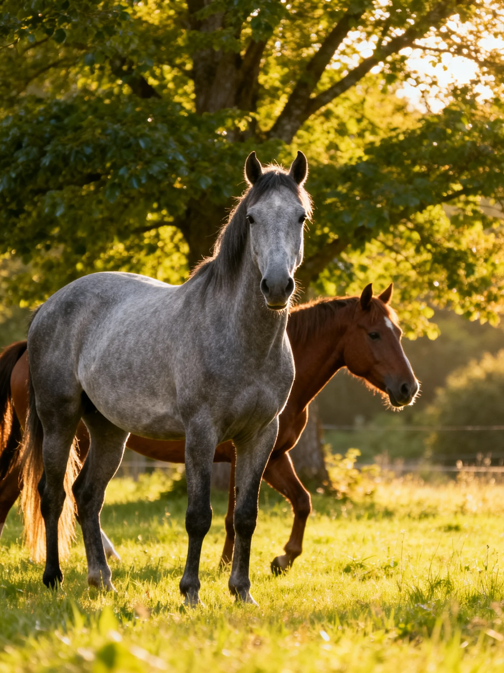 Two horses, one gray and one brown, graze in a sunlit meadow with large green trees