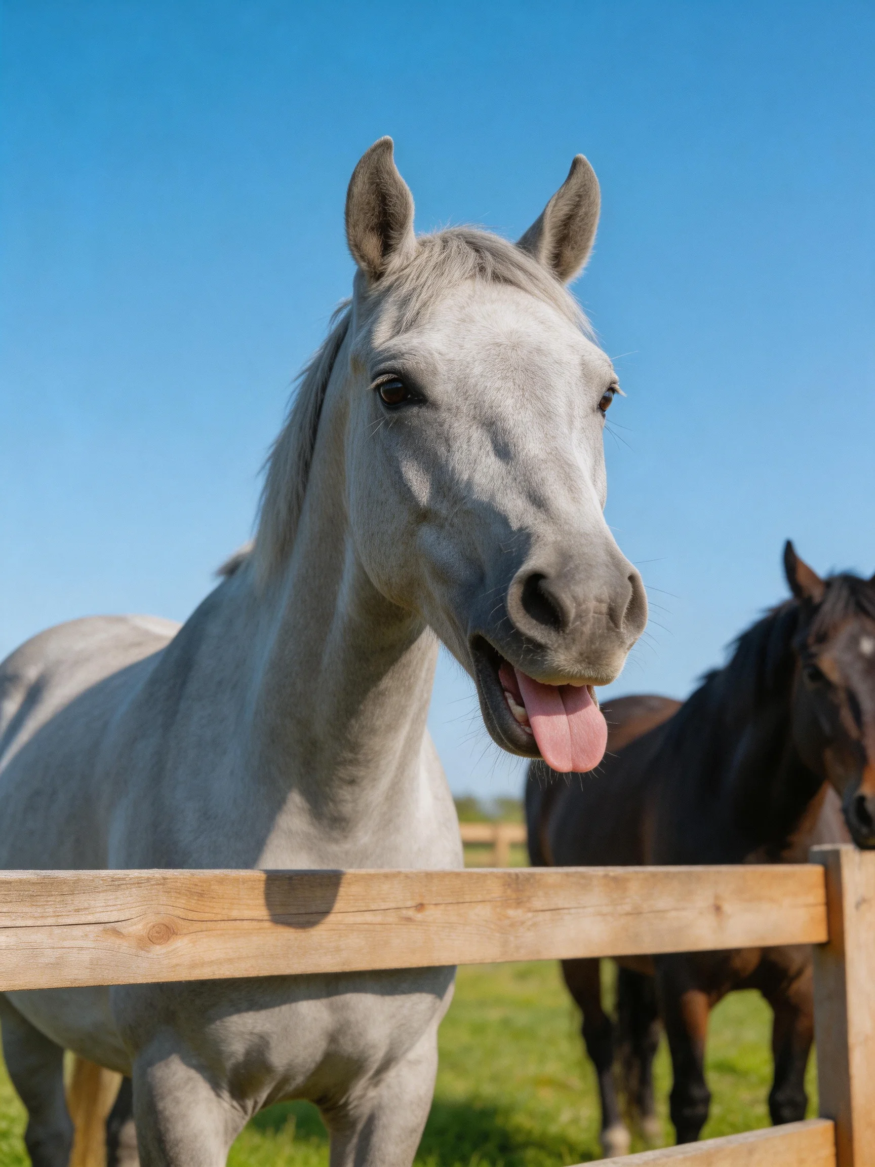 Two horses—one gray, one dark brown—near a wooden fence under clear blue sky
