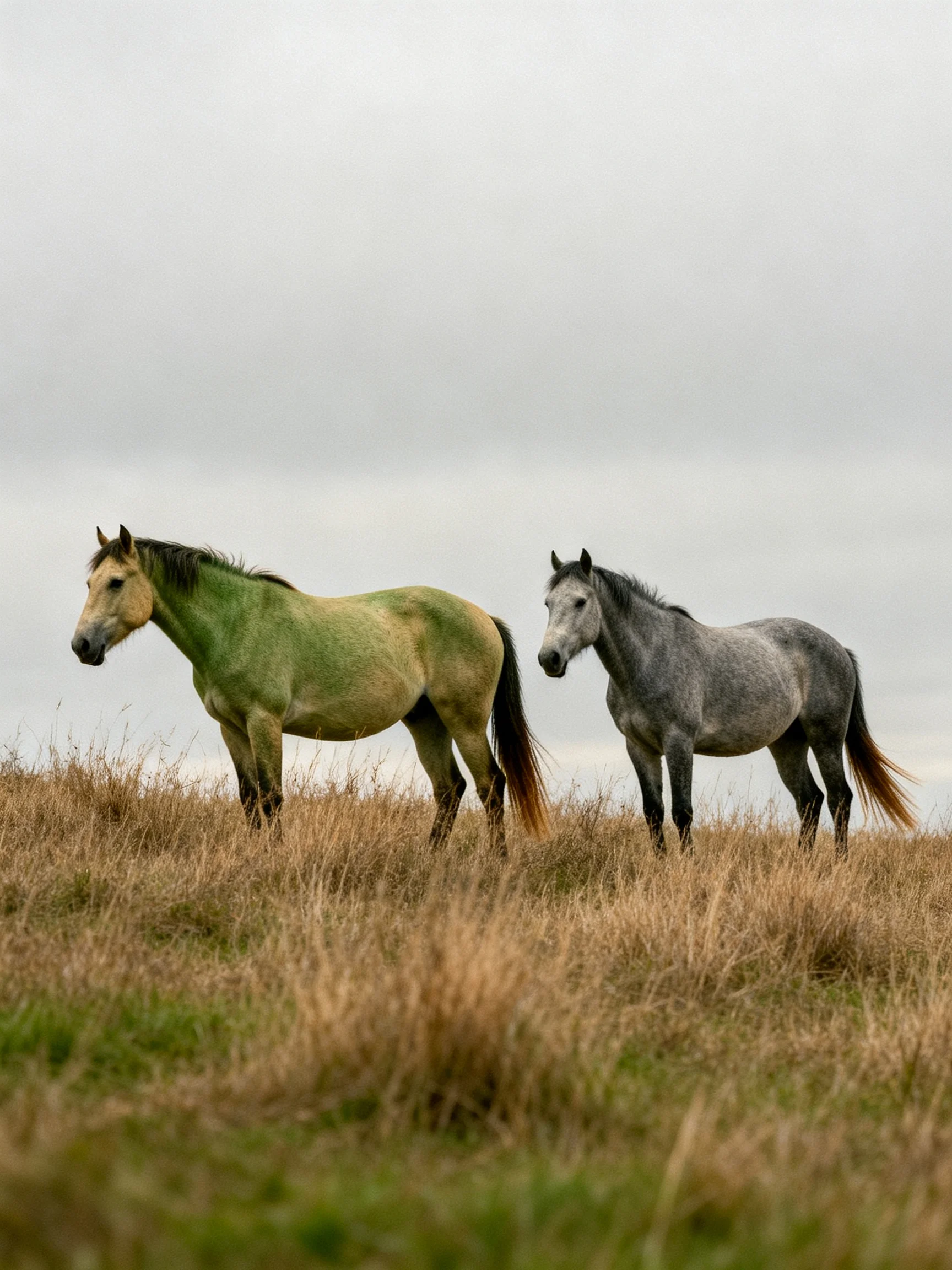 Two horses, one green, one gray, stand in tall brown grass