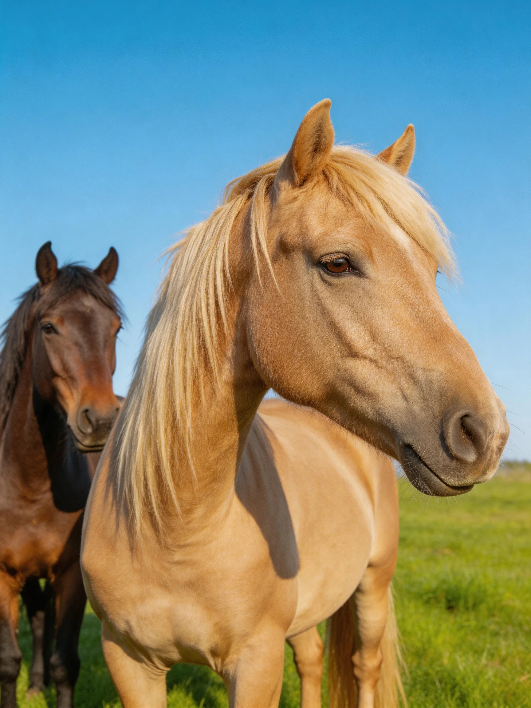 Two horses, one light tan, one dark brown, stand in a green meadow under blue sky