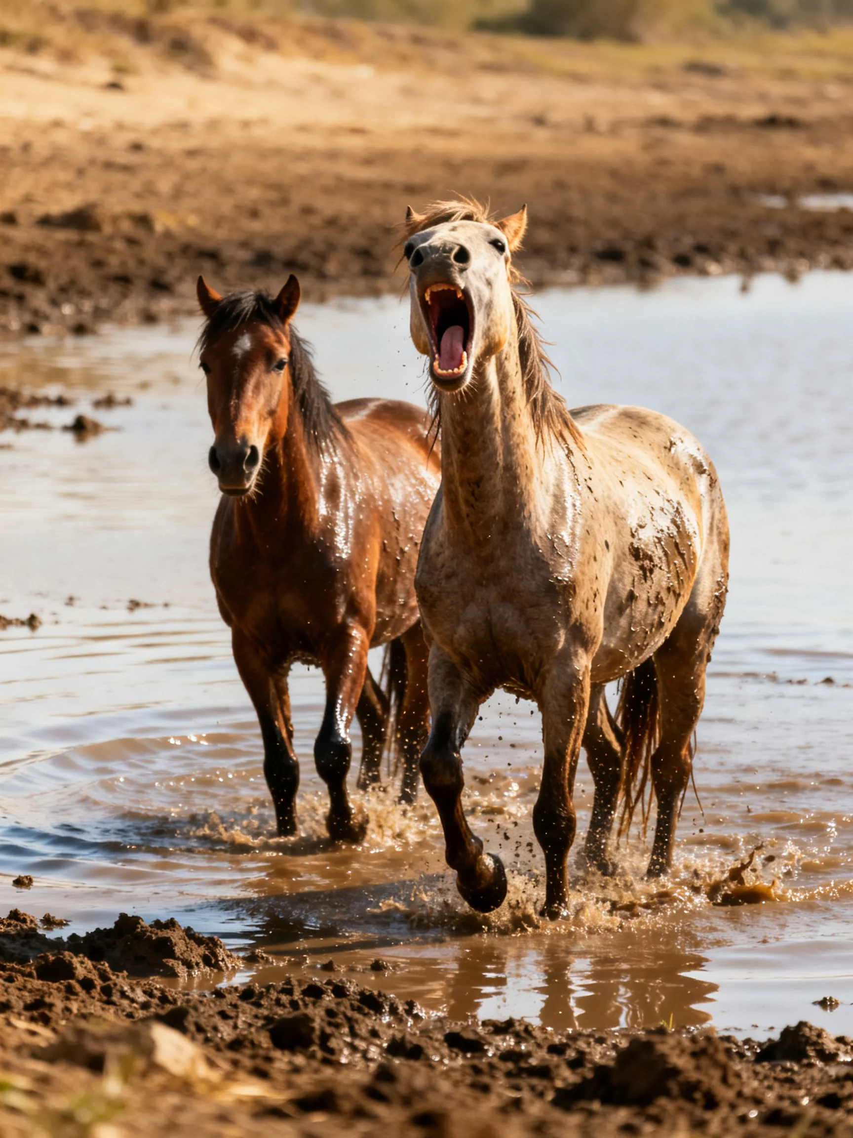 Two horses, one muddy, one brown, splashing through shallow water