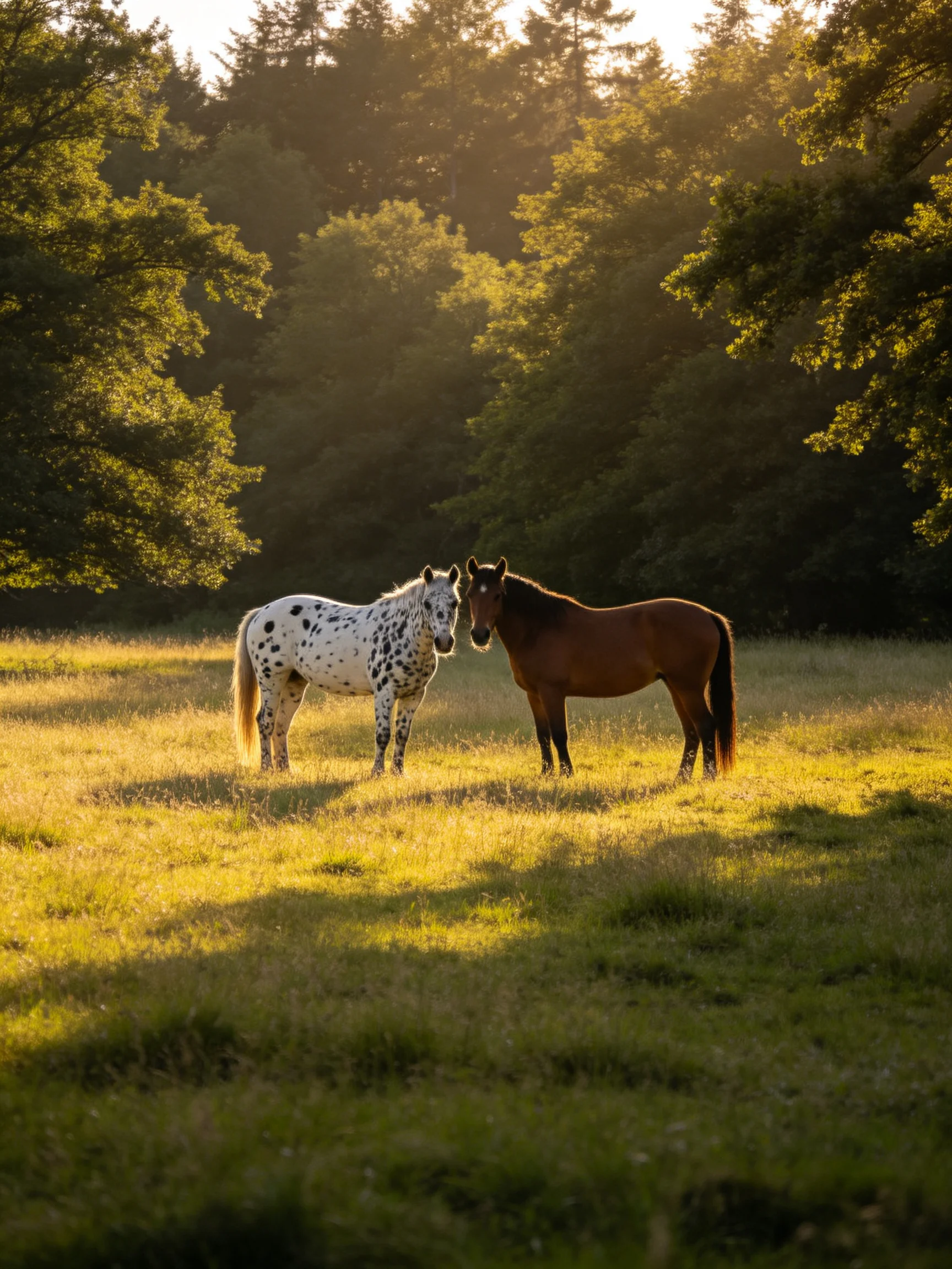 Two horses, one spotted white, one brown, in a sun-drenched meadow