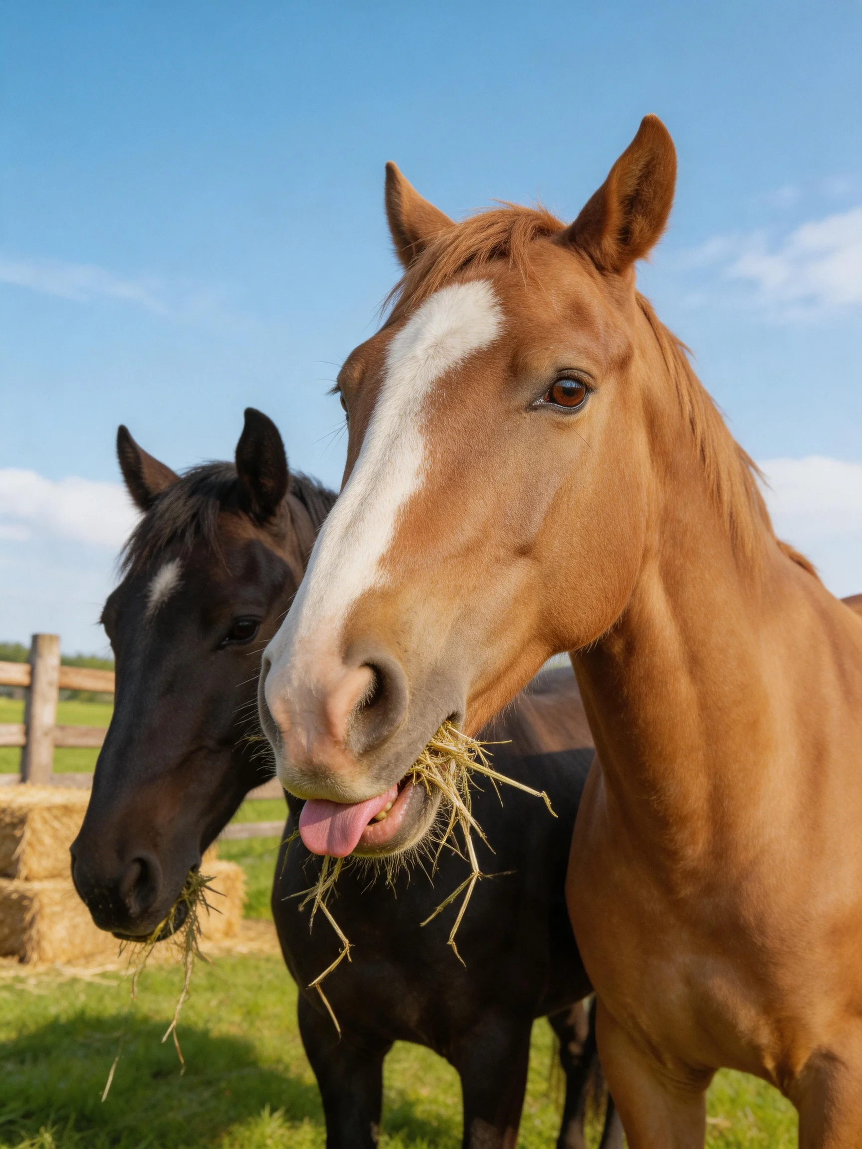 Two horses, one tan with white blaze, one dark brown, graze hay in a sunny field