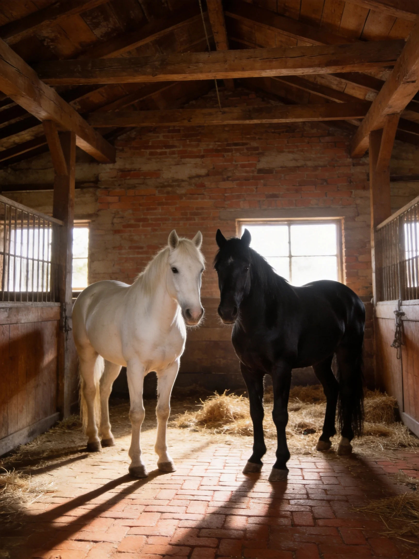 Two horses, one white and one black, in a rustic brick stable