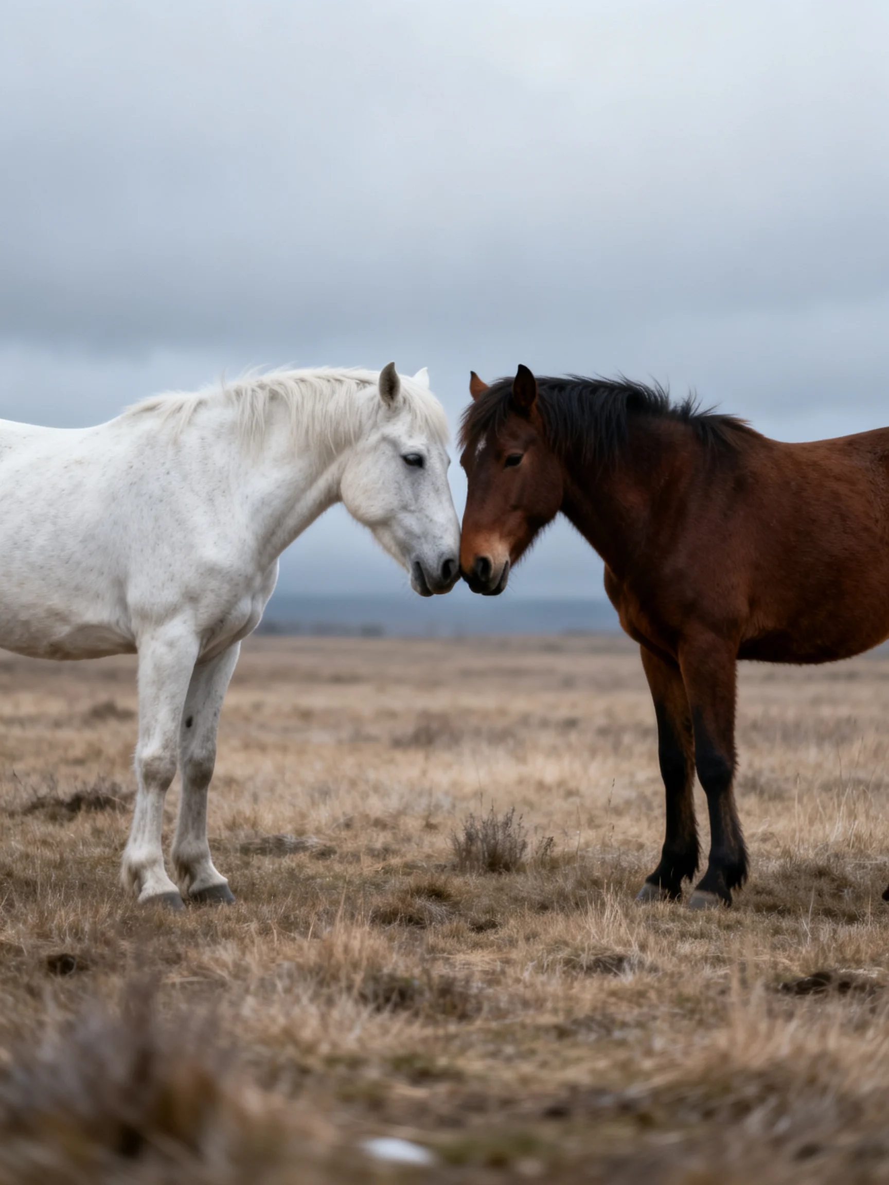 Two horses, one white and one brown, nuzzle in a vast open field.