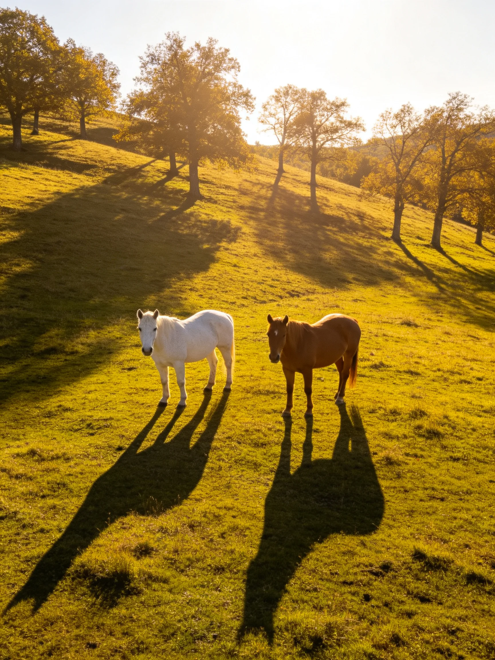 Two horses, one white and one brown, on a sunlit grassy hill with trees