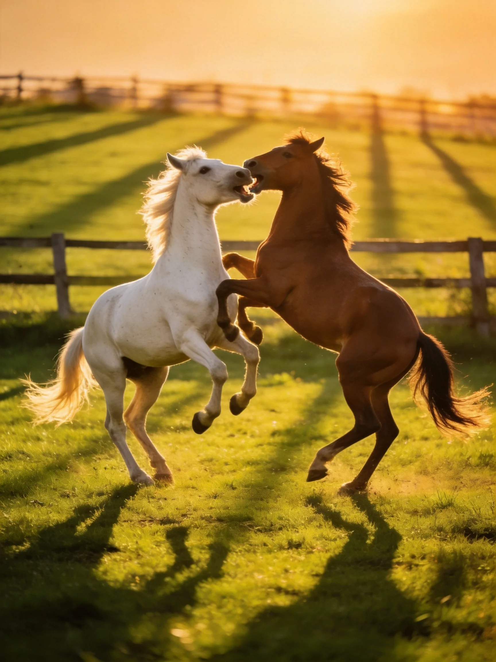 A white and brown horse interact closely in a sunlit pasture.