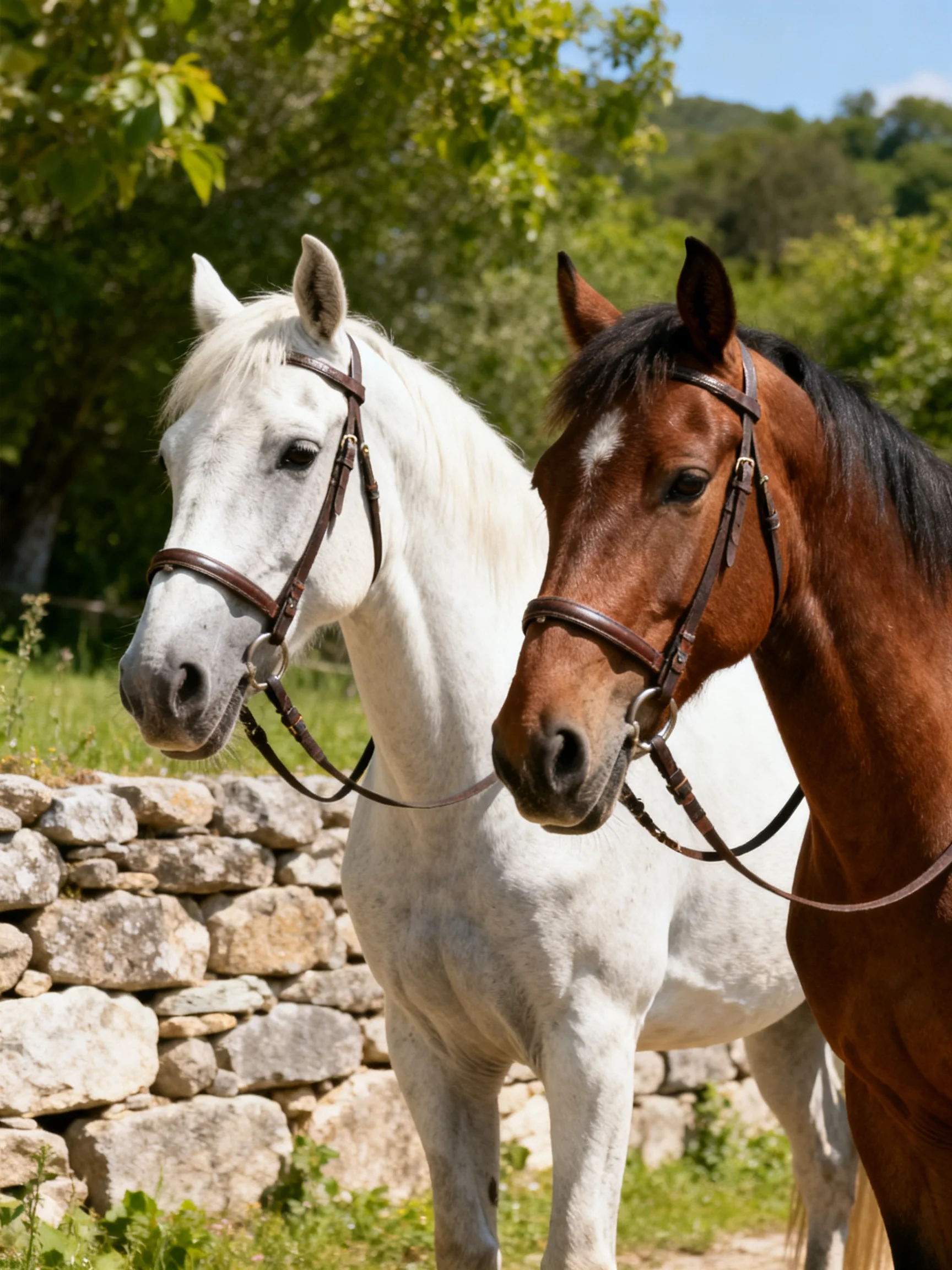 Two horses, one white and one brown, stand beside a stone wall.
