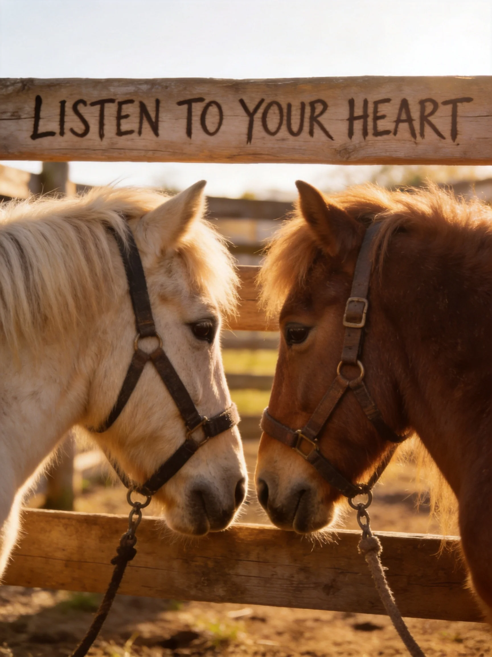 Two horses, one white and one brown, stand beside a wooden fence with Listen To Your Heart sign