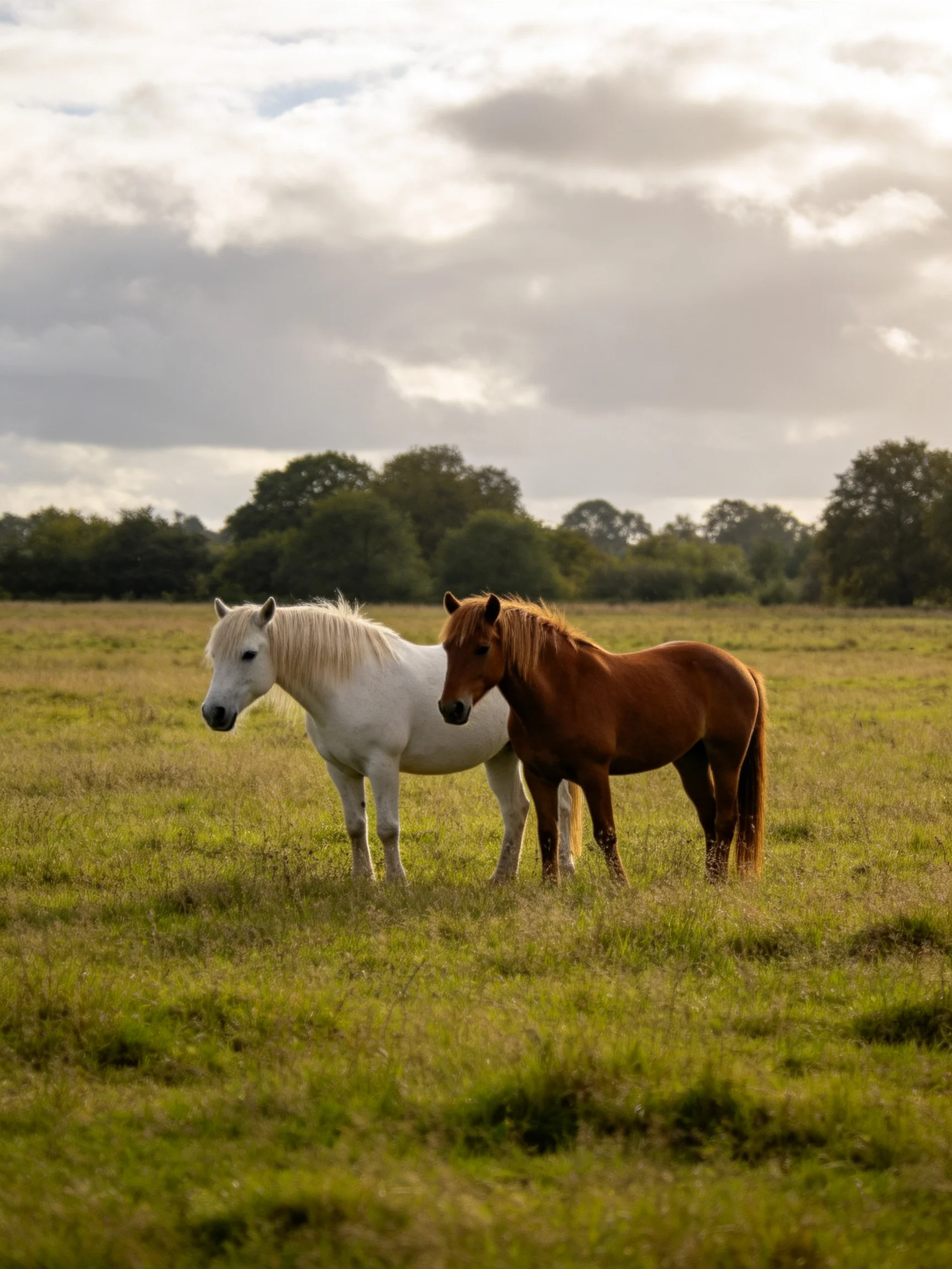 Two horses, one white and one brown, stand in a grassy field under cloudy skies