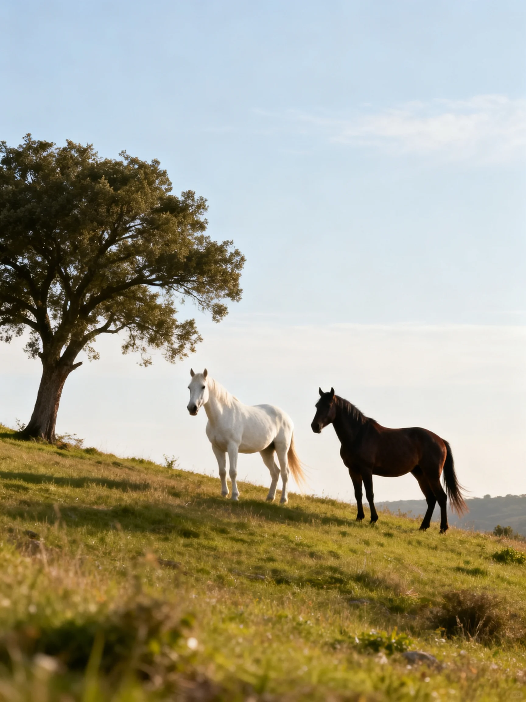 Two horses, one white and one brown, stand near a large tree on a grassy hillside.