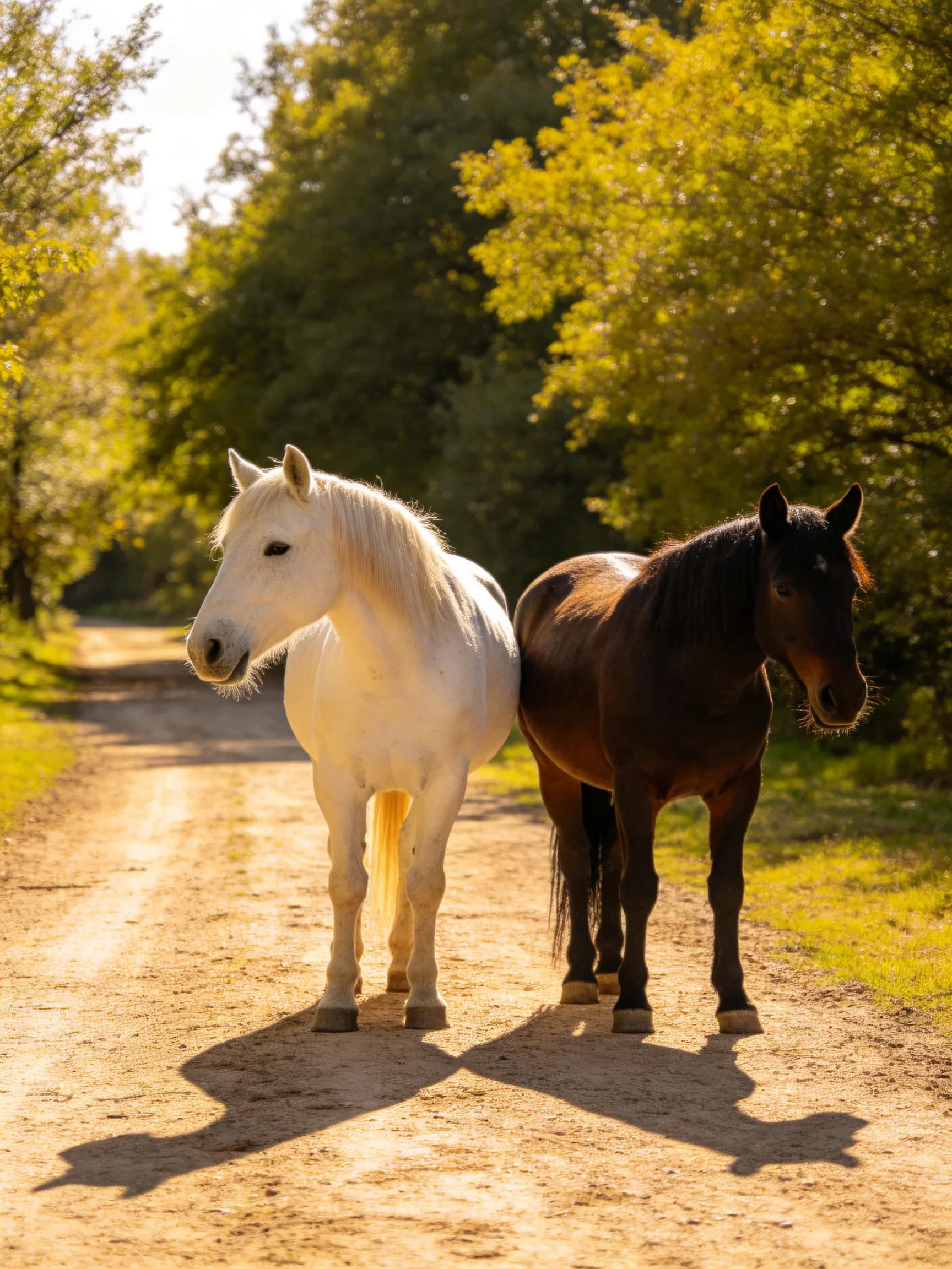 Two horses, one white and one dark brown, stand on a sunlit dirt path