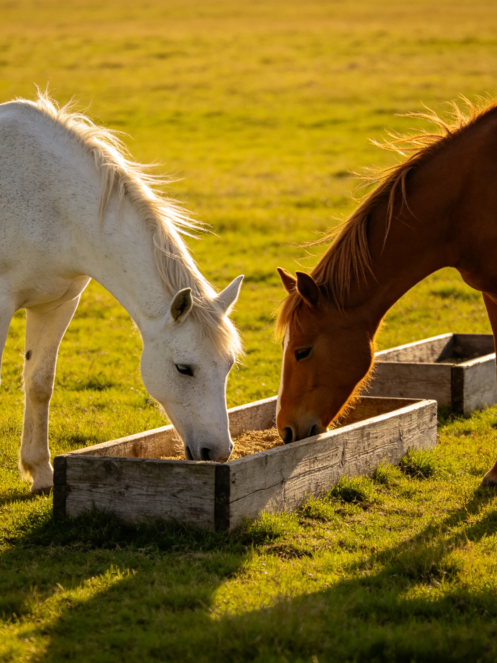 Two horses—one white, one brown—feed from wooden troughs in a golden meadow