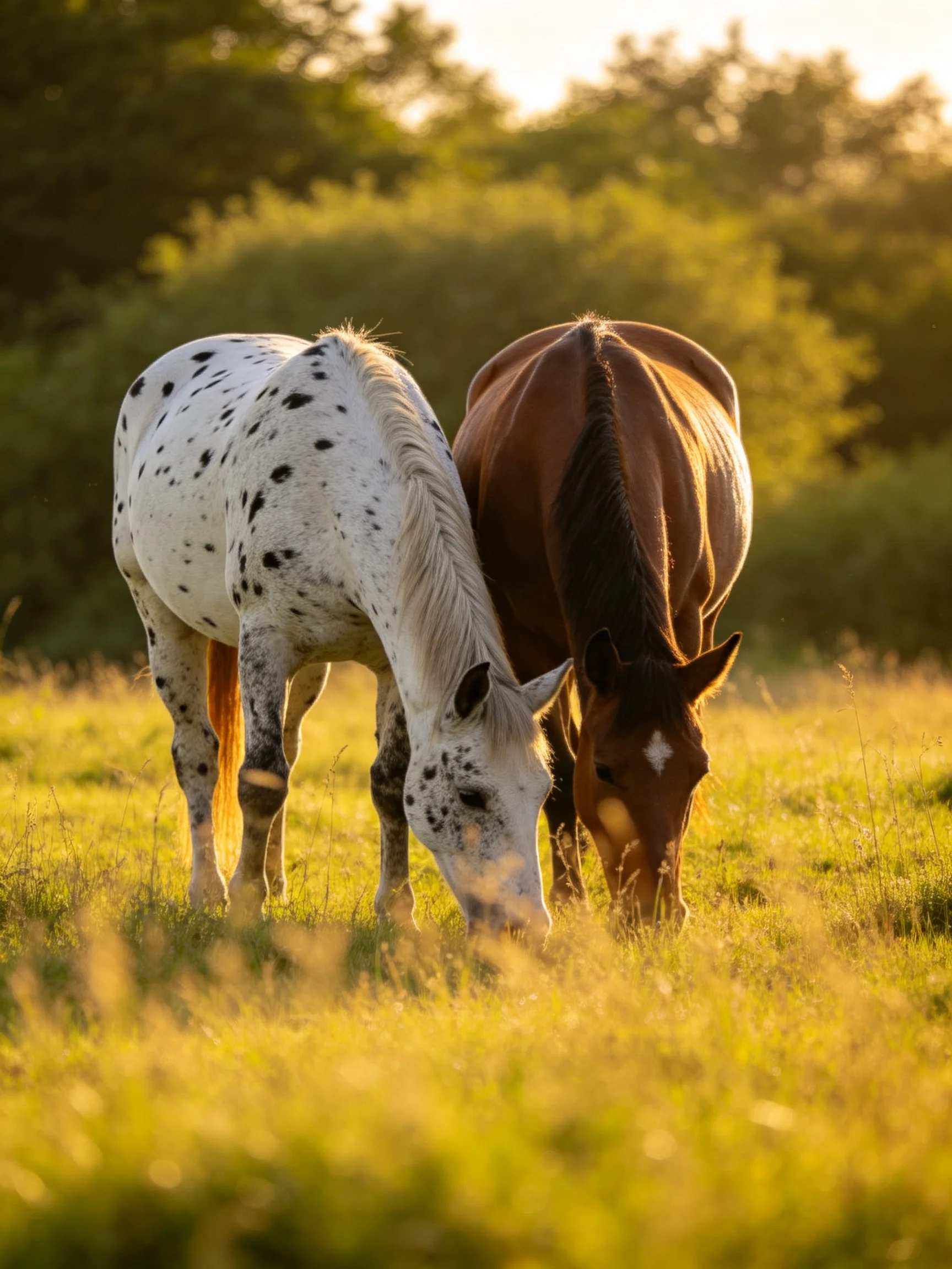 Two horses, one white with black spots, one brown, graze in a sunlit meadow