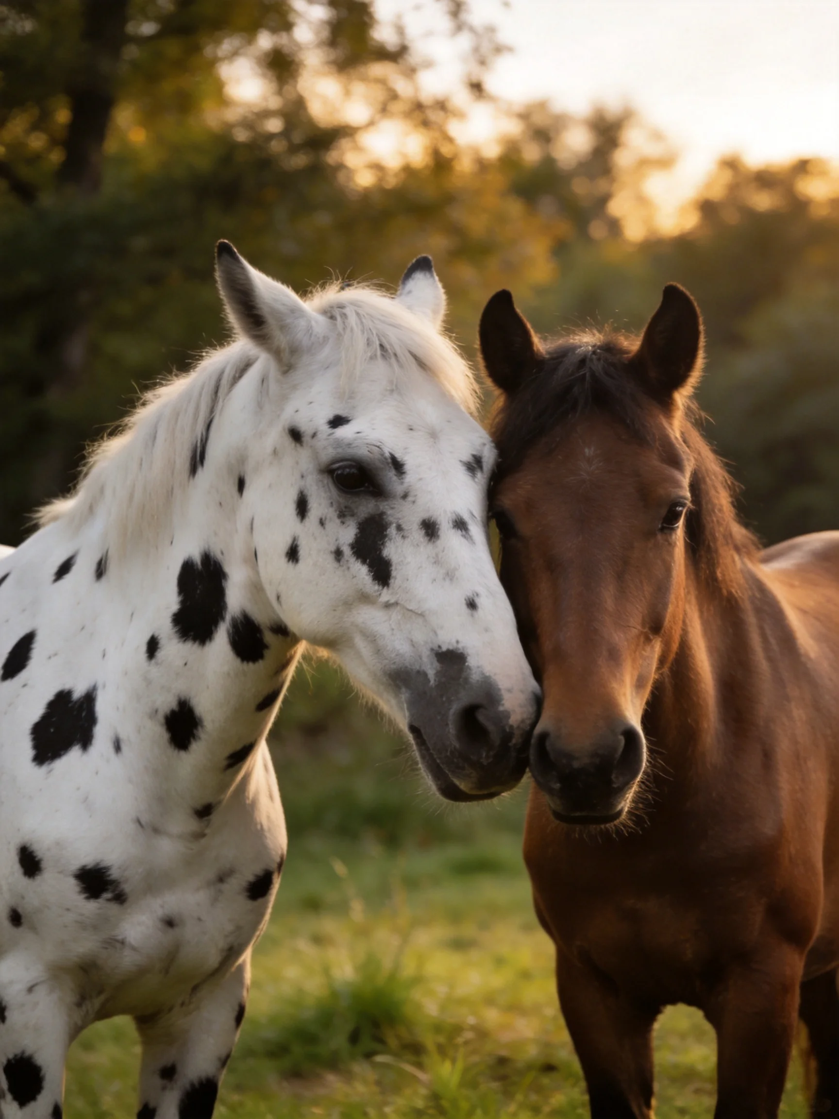Two horses nuzzle together in a sunlit meadow.