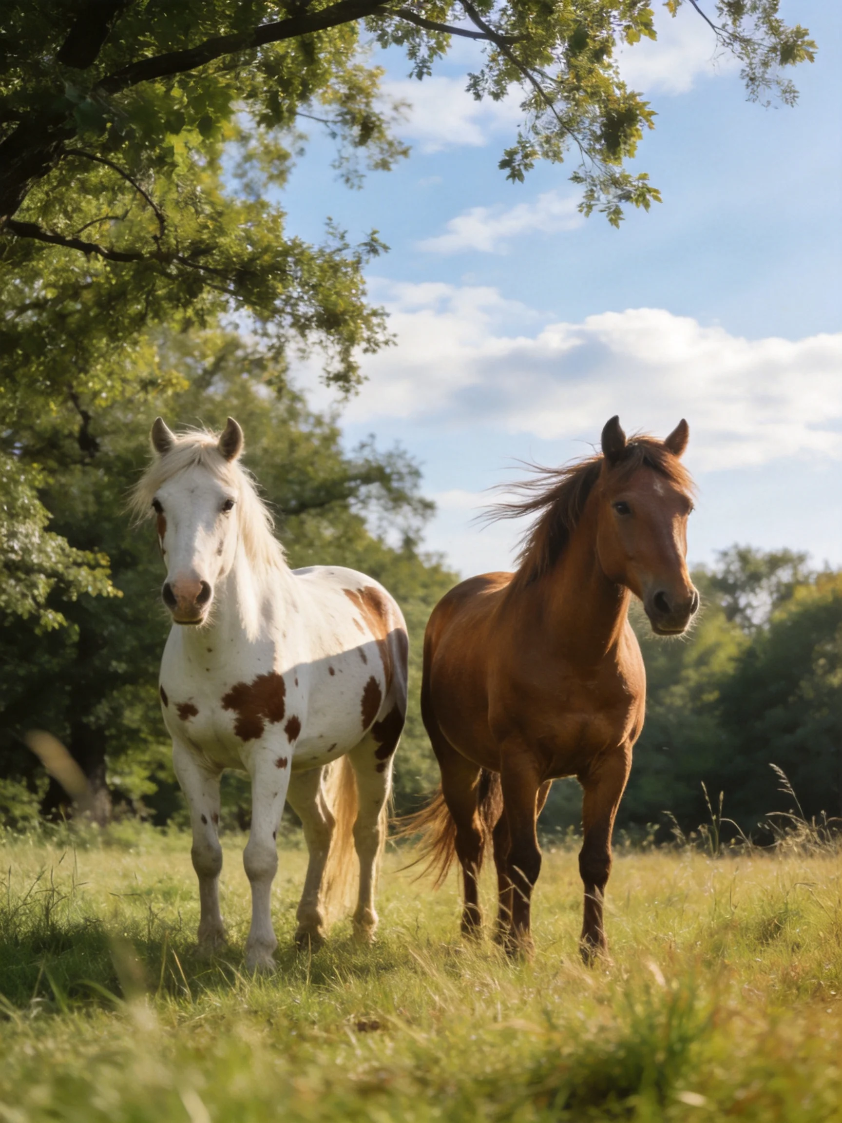 Two horses stand together in a sunlit field near trees.