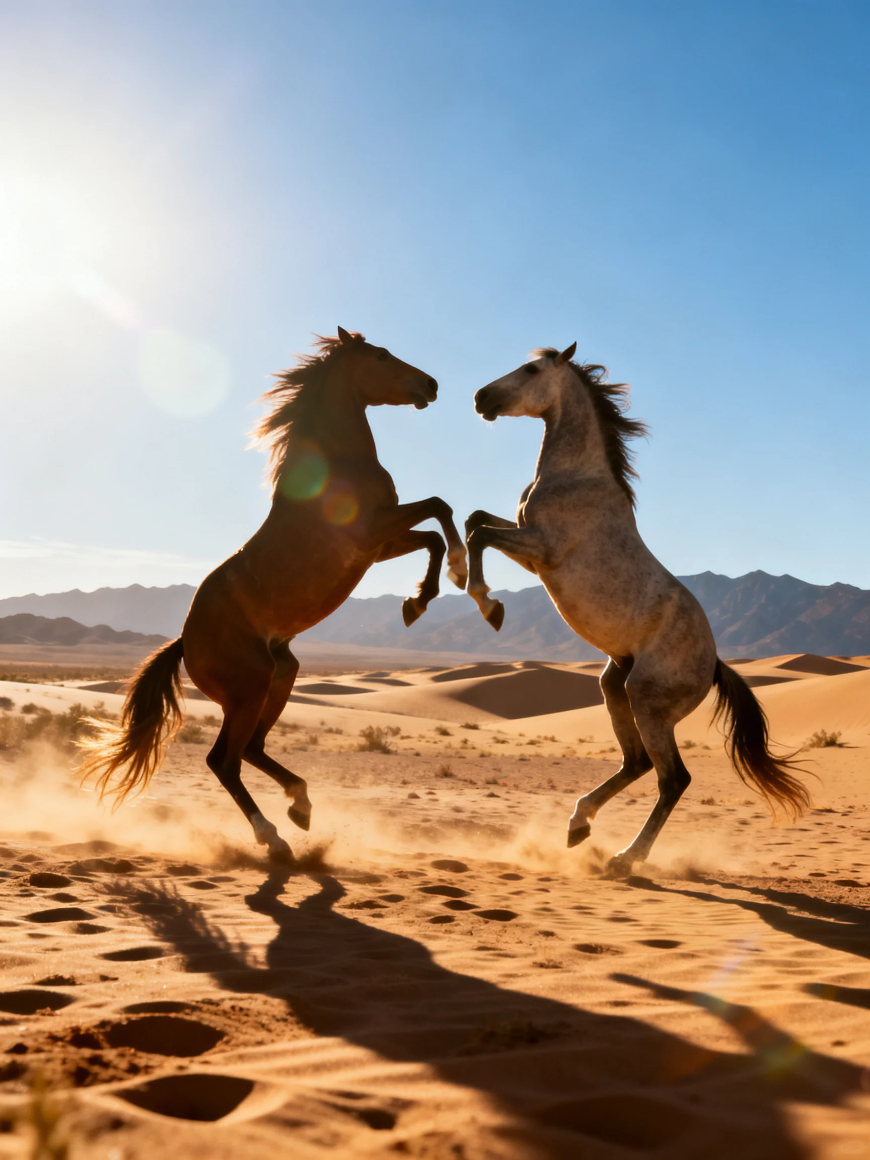 Two horses rearing in golden desert sand under clear blue sky