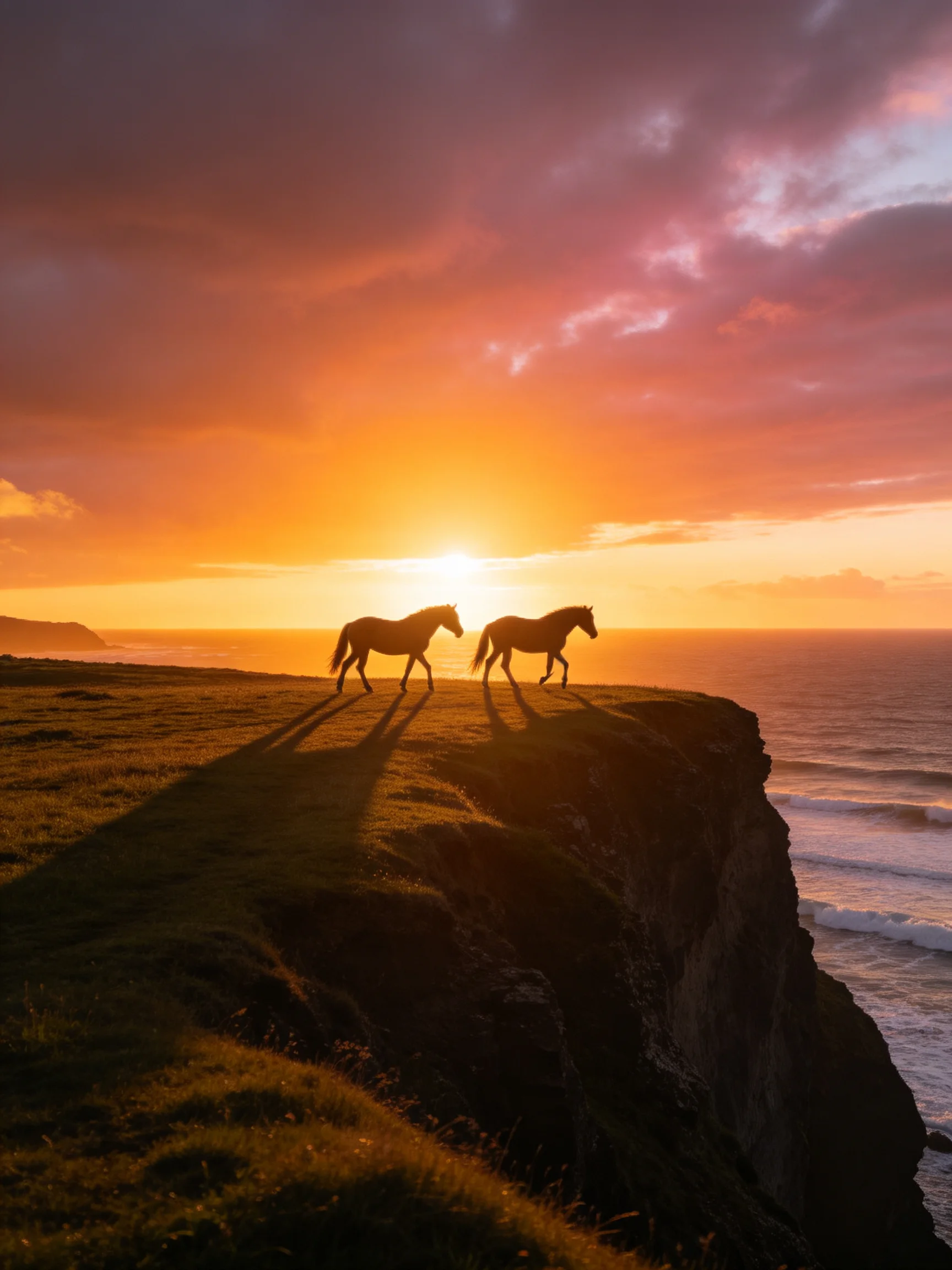 Two horses silhouetted against vibrant sunset on coastal cliff