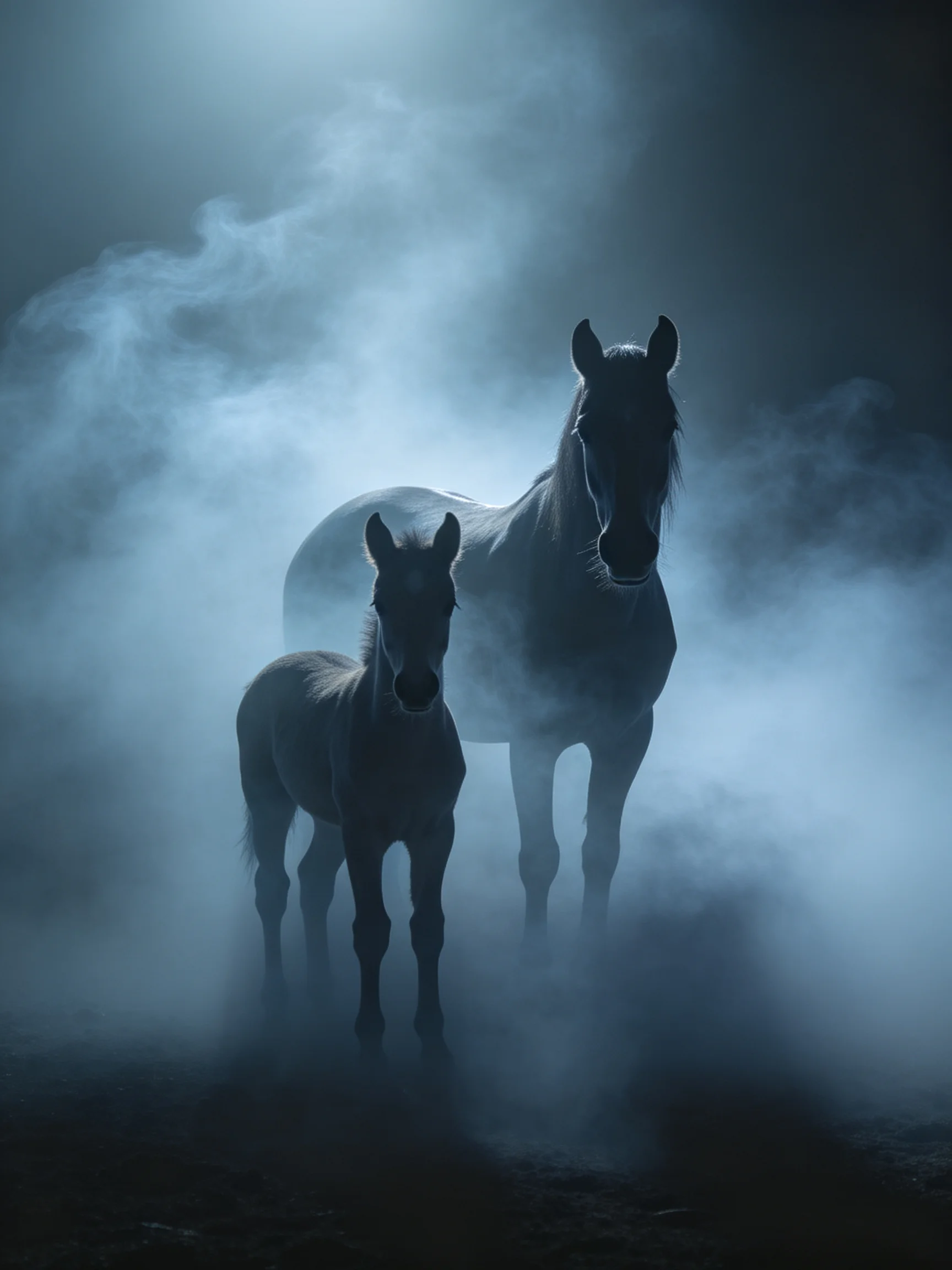 Silhouettes of two horses appear in swirling blue mist within darkness.