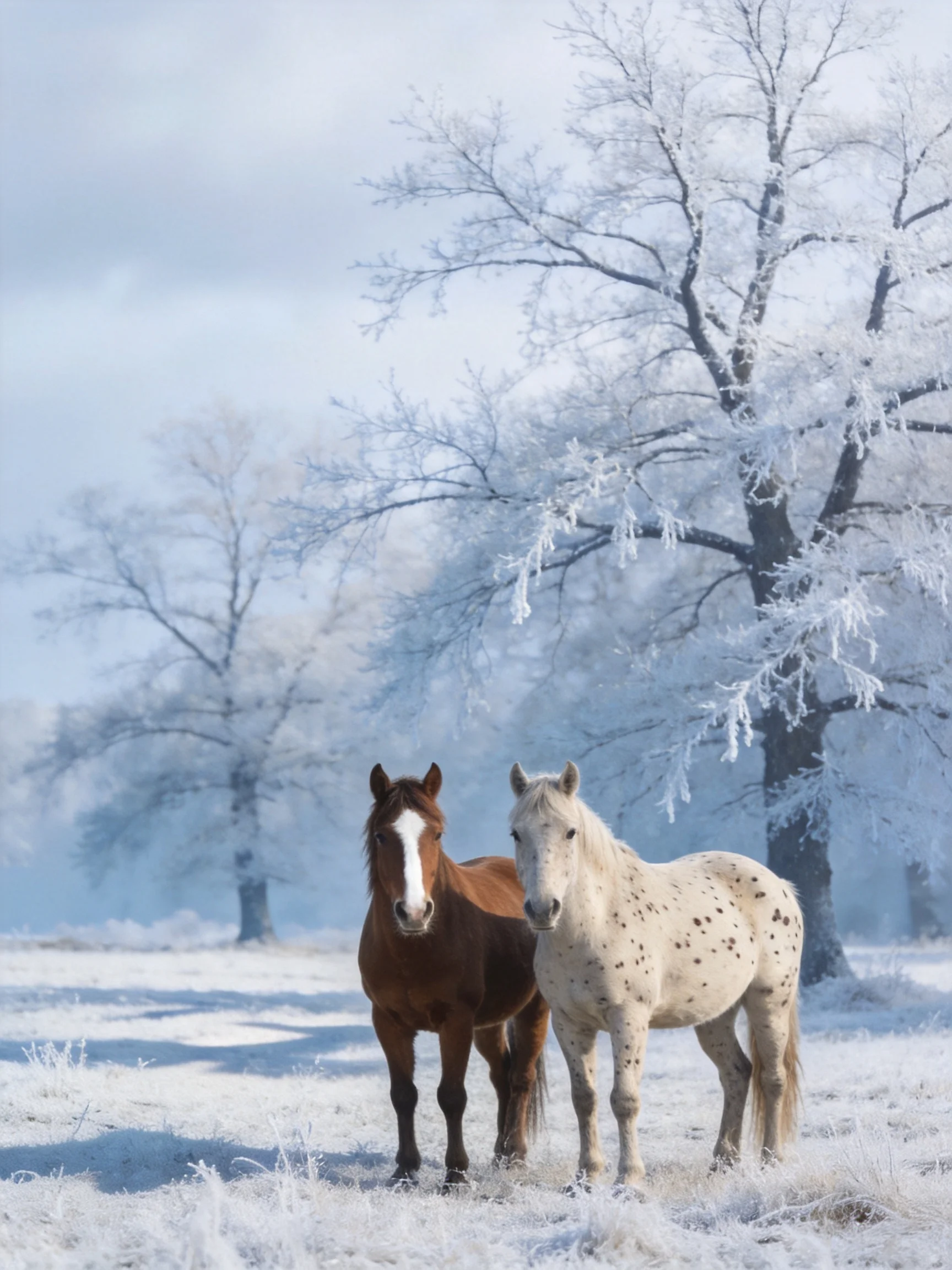 Two horses stand in a frosty field near frost-covered trees