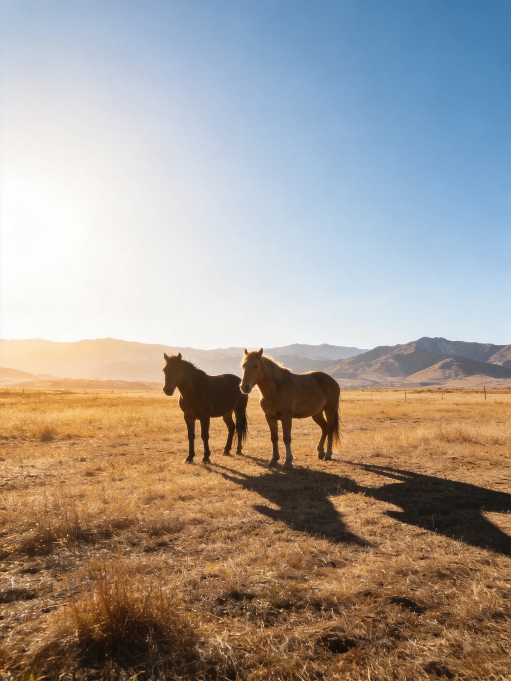 Two horses stand in a golden field near distant mountains