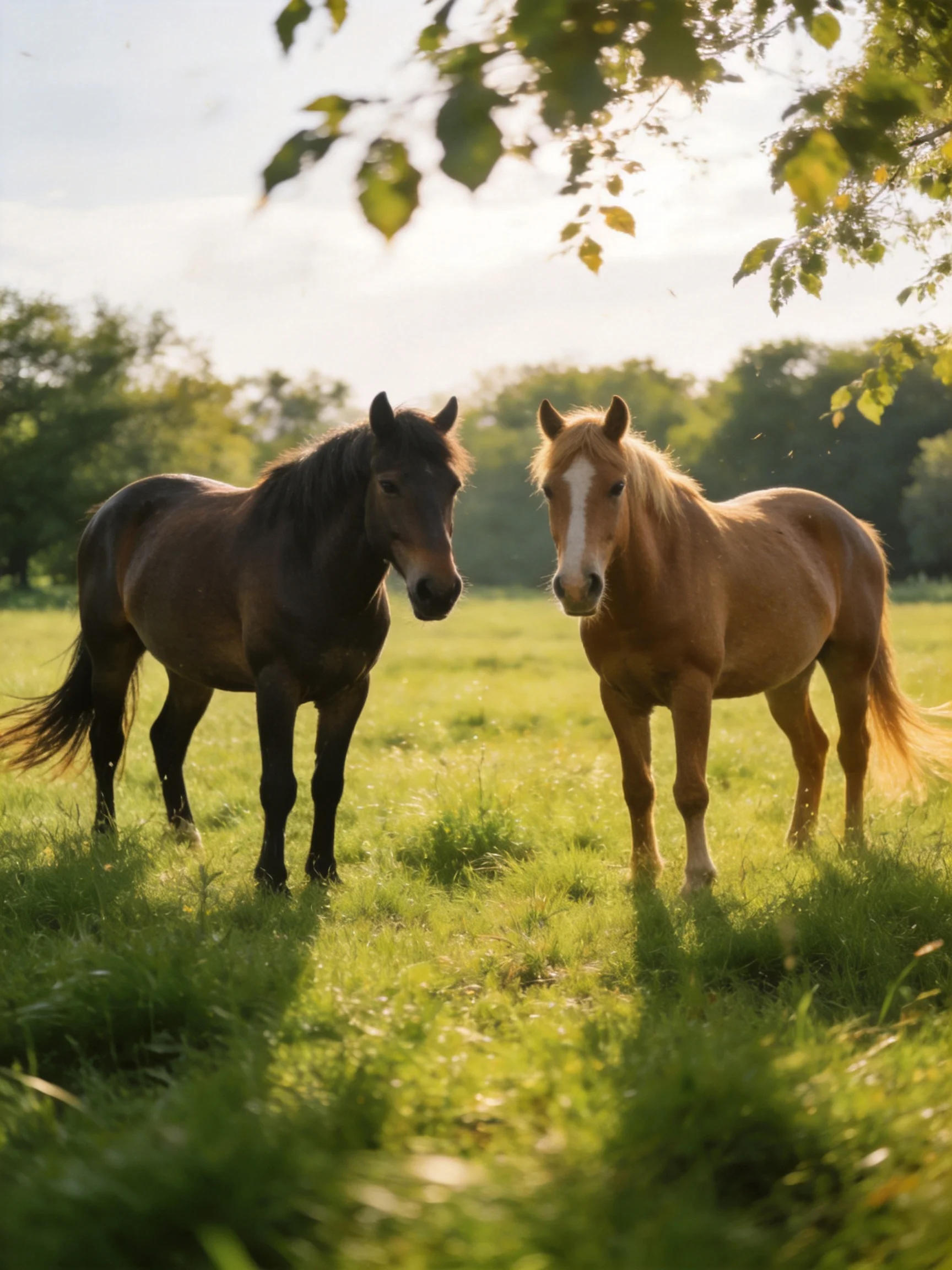 Two horses stand together in a sunlit grassy field.