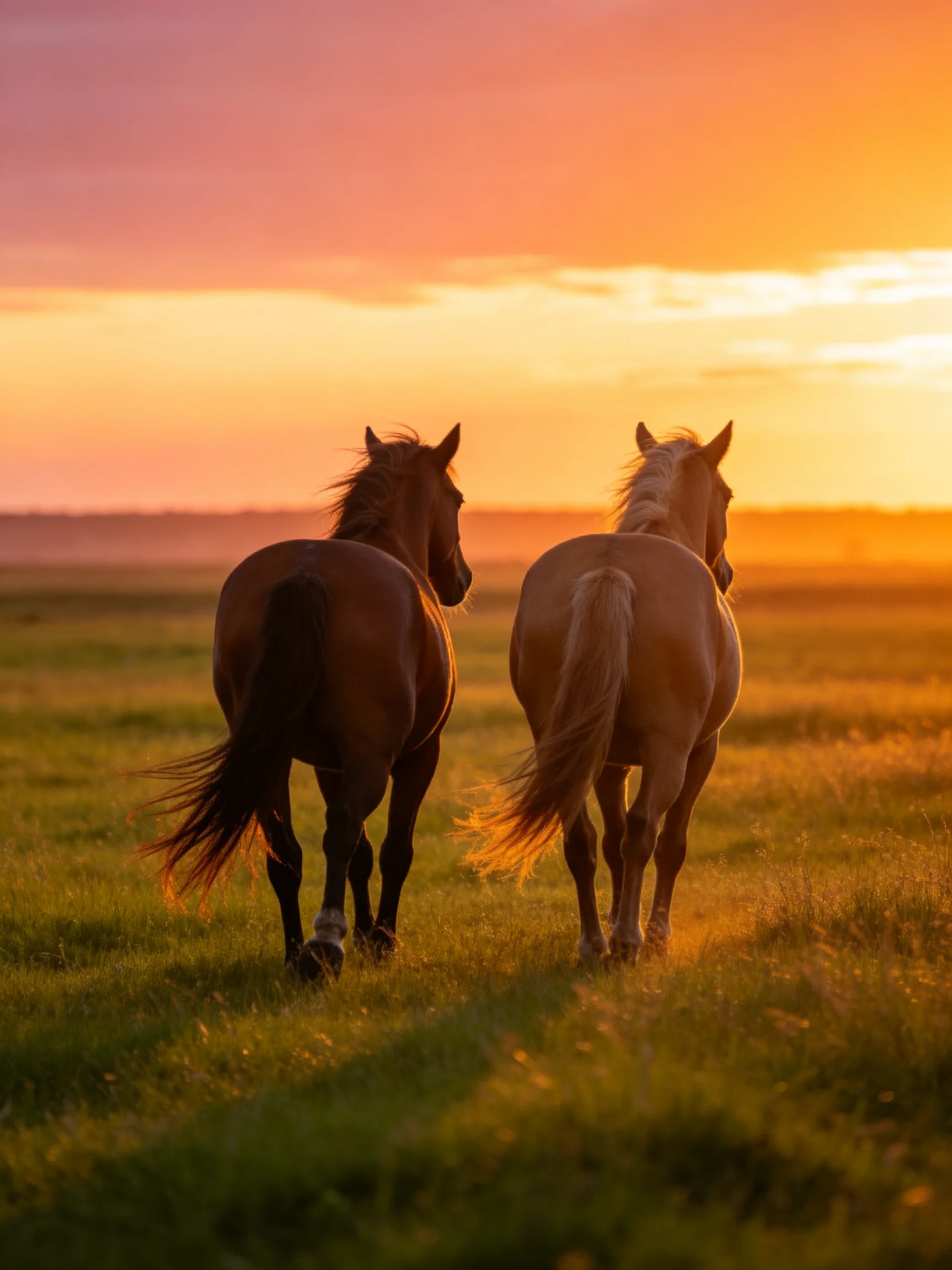 Two horses trotting through a golden meadow at sunset